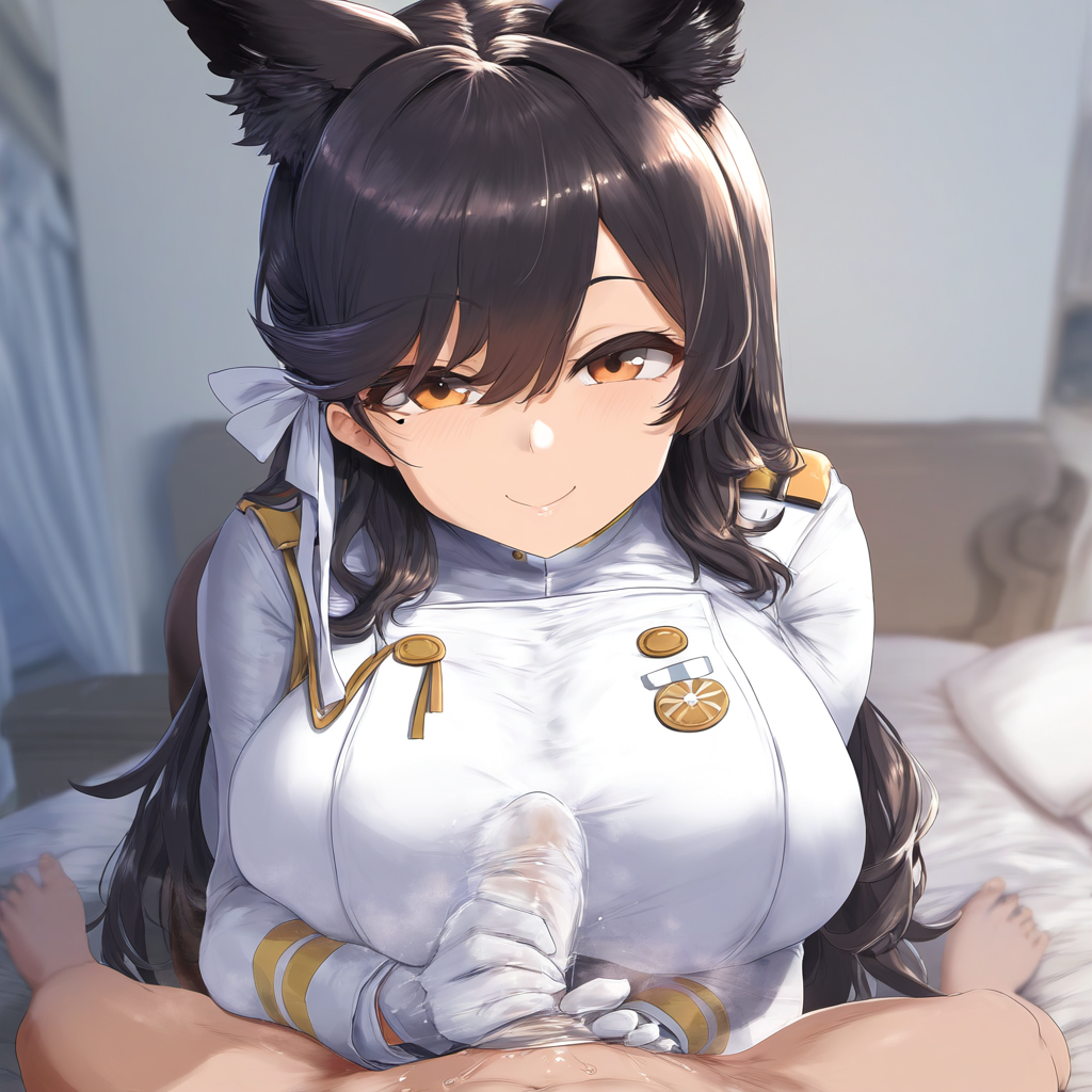 1boy 1girls ai_generated animal_ear_fluff animal_ears atago_(azur_lane) azur_lane bangs bed bedroom between_thighs big_breasts gloved_handjob handjob jaygoats laying_on_bed looking_at_viewer mature_female milf motion_lines smile