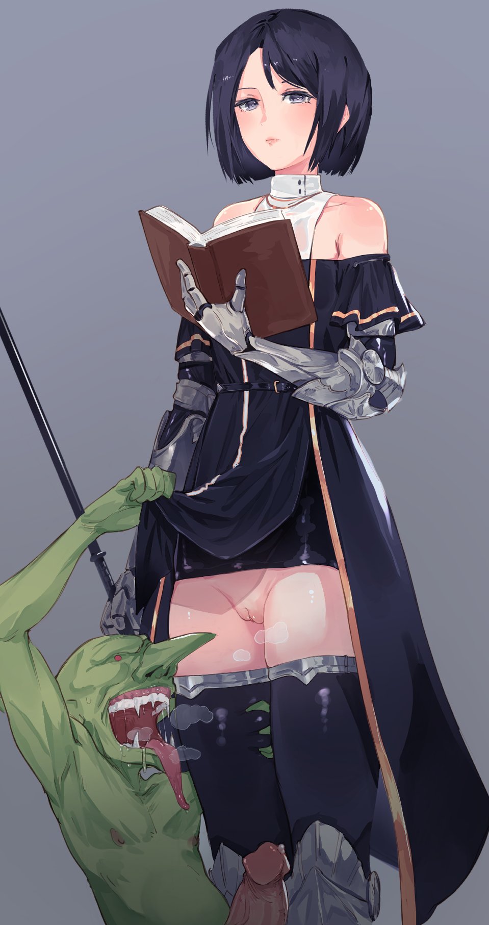 1boy arm_armor bare_shoulders black_hair black_robe bob_cut book bottomless_loincloth bottomless_skirt closed_mouth dress_lift female goblin grey_eyes heavy_breathing highres holding holding_book huge_cock looking_at_pussy mocomori no_panties no_panties_under_dress no_panties_under_skirt off_shoulder open_book original penis precum pussy robe robe_lift short_hair skirt_lift skirt_up small_dom_big_sub thighhighs tongue tongue_out uncensored