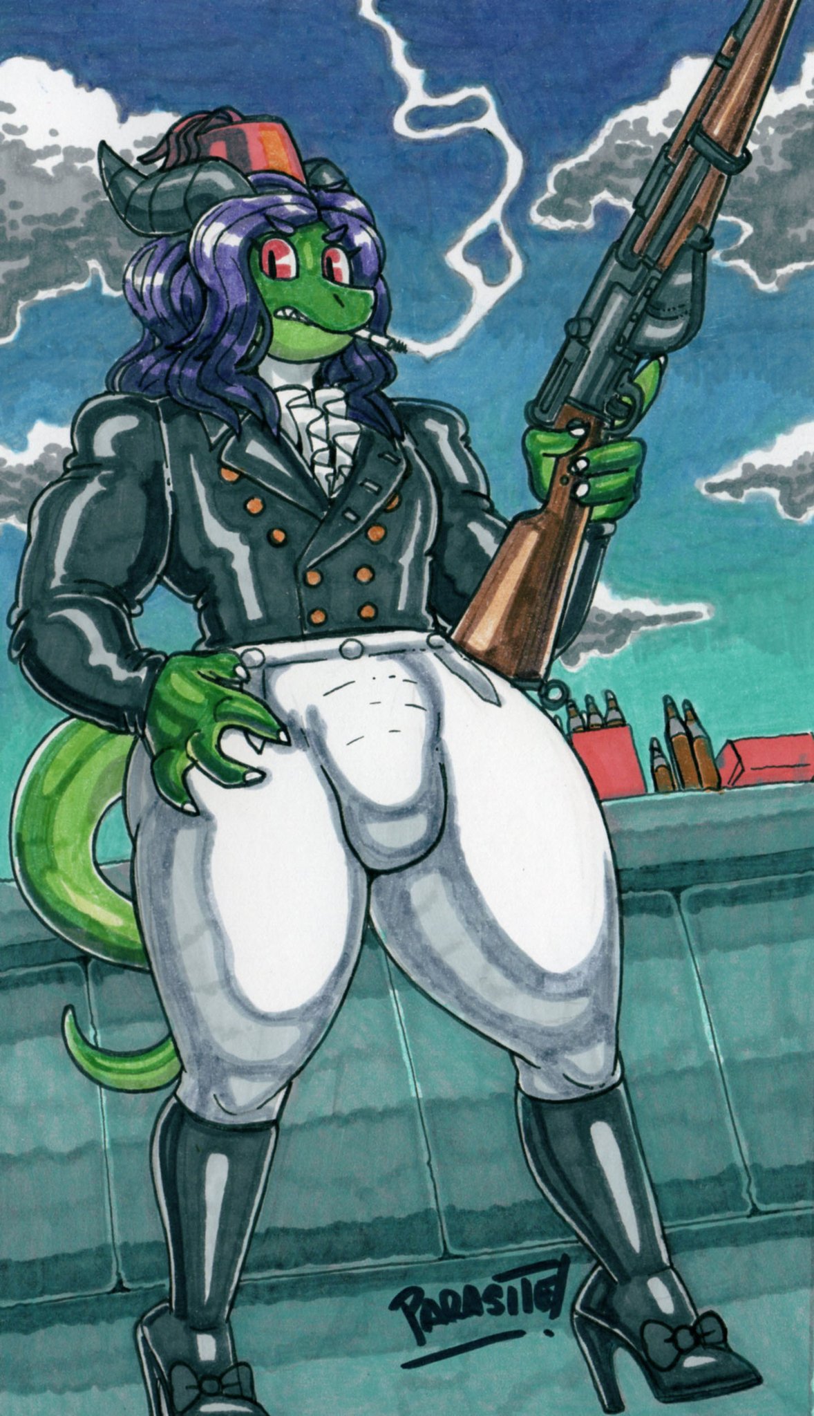 1boy 2023 annoyed annoyed_expression bar_counter big_thighs blue_sky bow_on_heels bowtie_on_heels bulge bulge_through_clothing cigarette clouds digital_media_(artwork) fancy_clothing graphite_(artwork) green_body gun hand_on_hip hand_on_side hand_on_thigh heels high_heels horns lightfeather long_hair marker_(artwork) parasitedeath purple_hair red_eyes reptile reptile_humanoid rifle signature tail thick_thighs