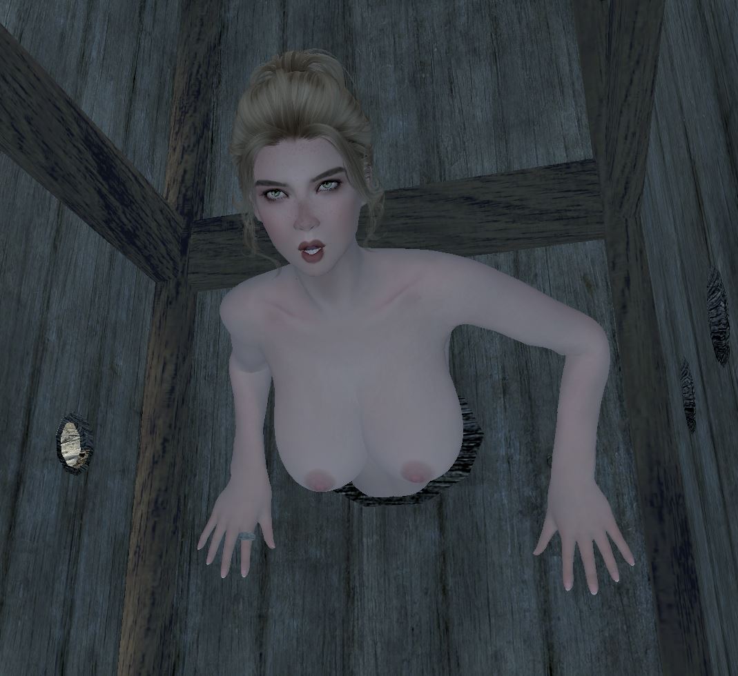 1girls 3d blonde_hair breasts fallingtho female female_only gerdur glory_hole green_eyes light-skinned_female medieval nord pink_nipples rolling_eyes skyrim stuck