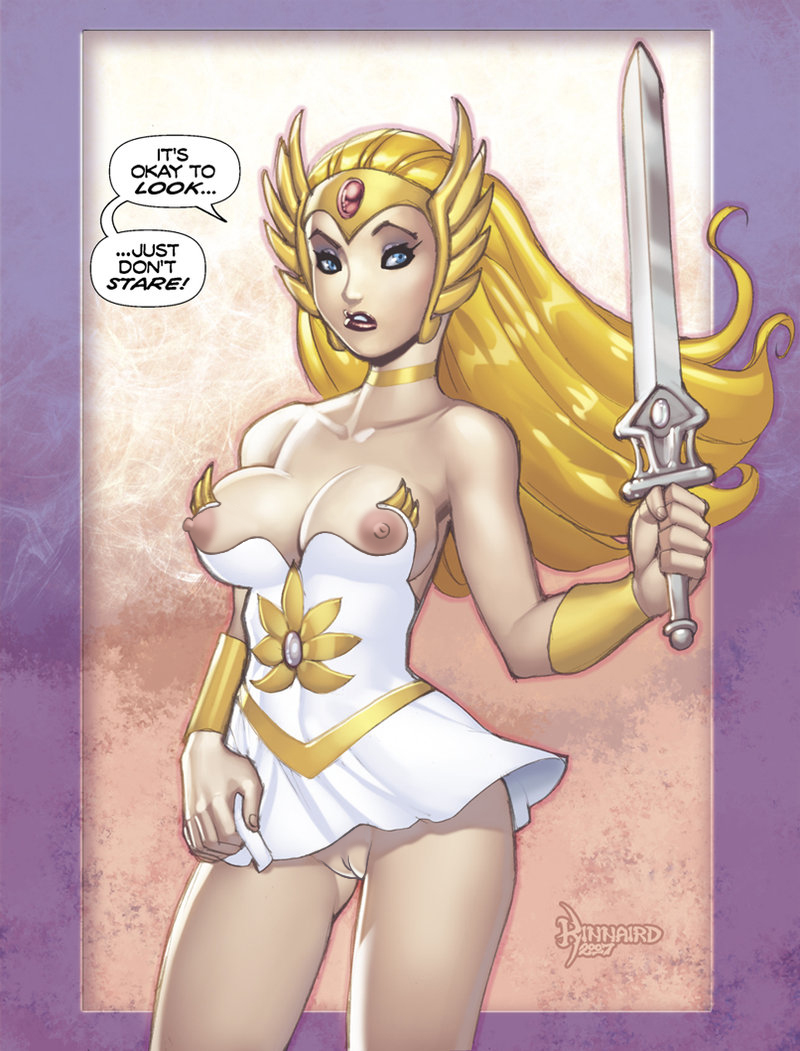 1girls 2007 blonde_hair blue_eyes breasts female female_only filmation long_hair masters_of_the_universe nipples princess_adora pussy ryan_kinnaird she-ra she-ra_princess_of_power signature solo speech_bubble text