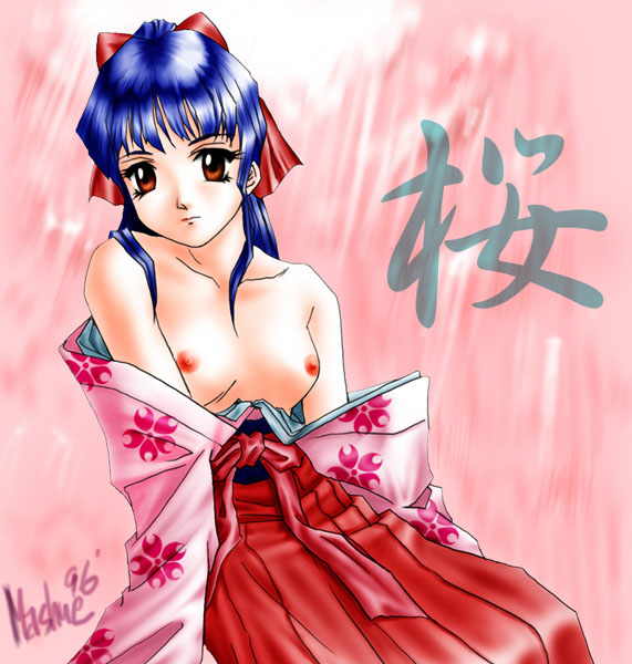 1990s 1996 20th_century artist_signature bow clothing dated mashue sakura_shinguji sakura_taisen sakura_wars sega small_breasts tagme