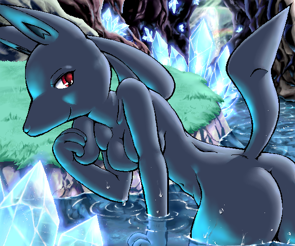 ass breasts butt cave crystal female female_lucario g-sun grass lucario pokemon pokemon_(species) tail water