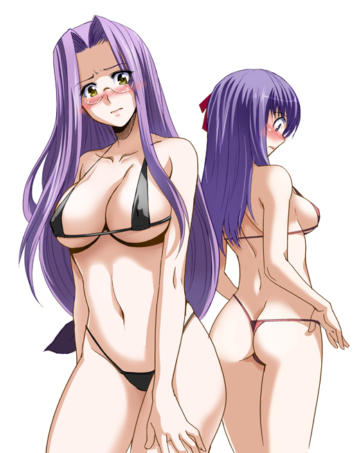 2girls ass bikini blush bow breasts cleavage embarrassed fate/stay_night fate_(series) female female_ass female_only glasses inue_shinsuke long_hair matou_sakura medusa_(fate) micro_bikini multiple_girls panties purple_hair sideboob swimsuit thong thong_bikini type-moon underwear