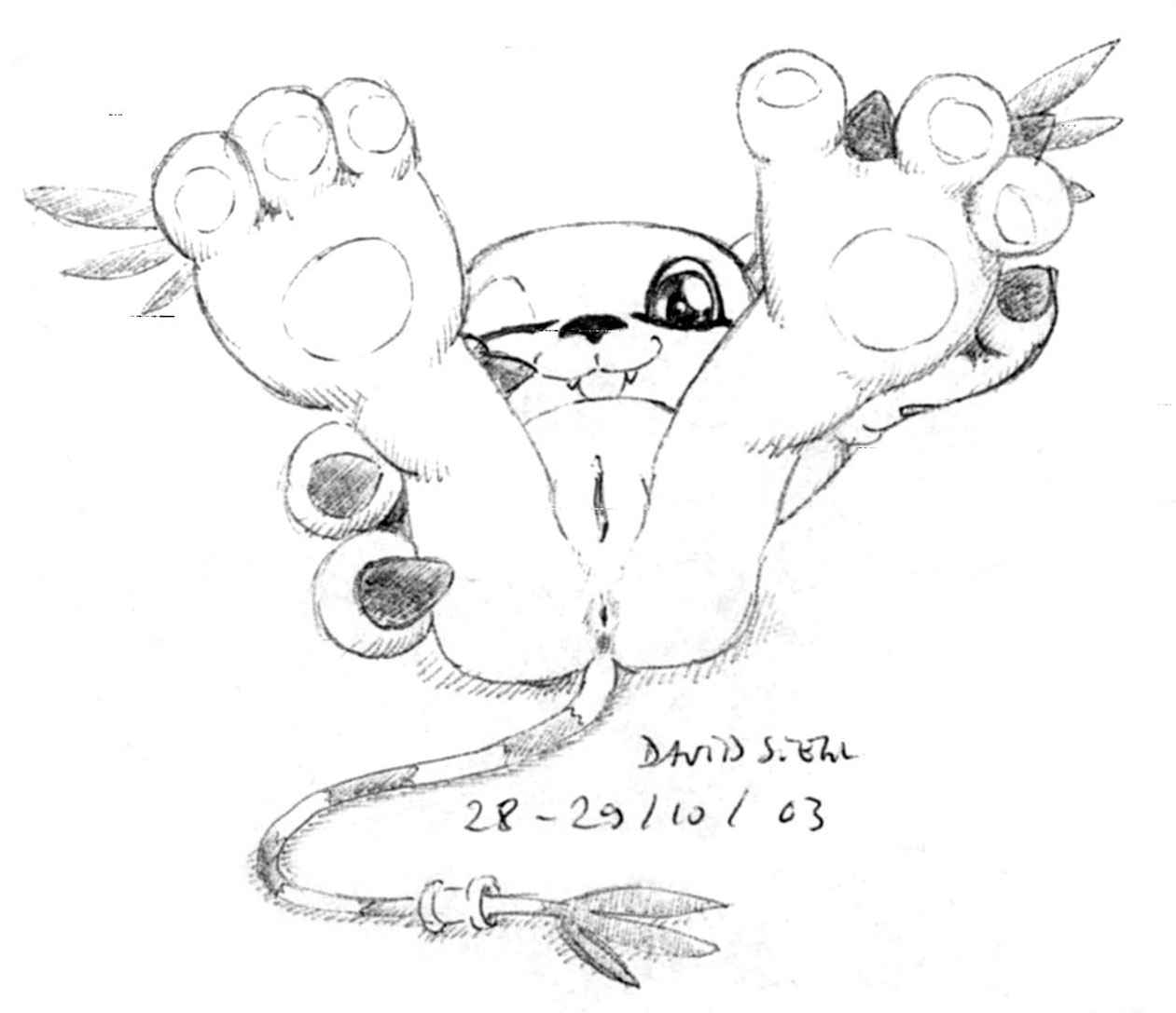 2003 anus ass digimon female female_only fur furry furry_ass furry_ears furry_tail gatomon glove monochrome paw pointy_ears pussy solo tail wink