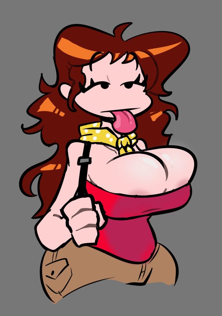 algob4v, areola, areola slip, areolae, areolae slip, bav, big breasts, breasts, breasts bigger than head, brown hair, friday night funkin, girlfriend (friday night funkin), long hair, massive breasts, red shirt, scarf, tongue, tongue out