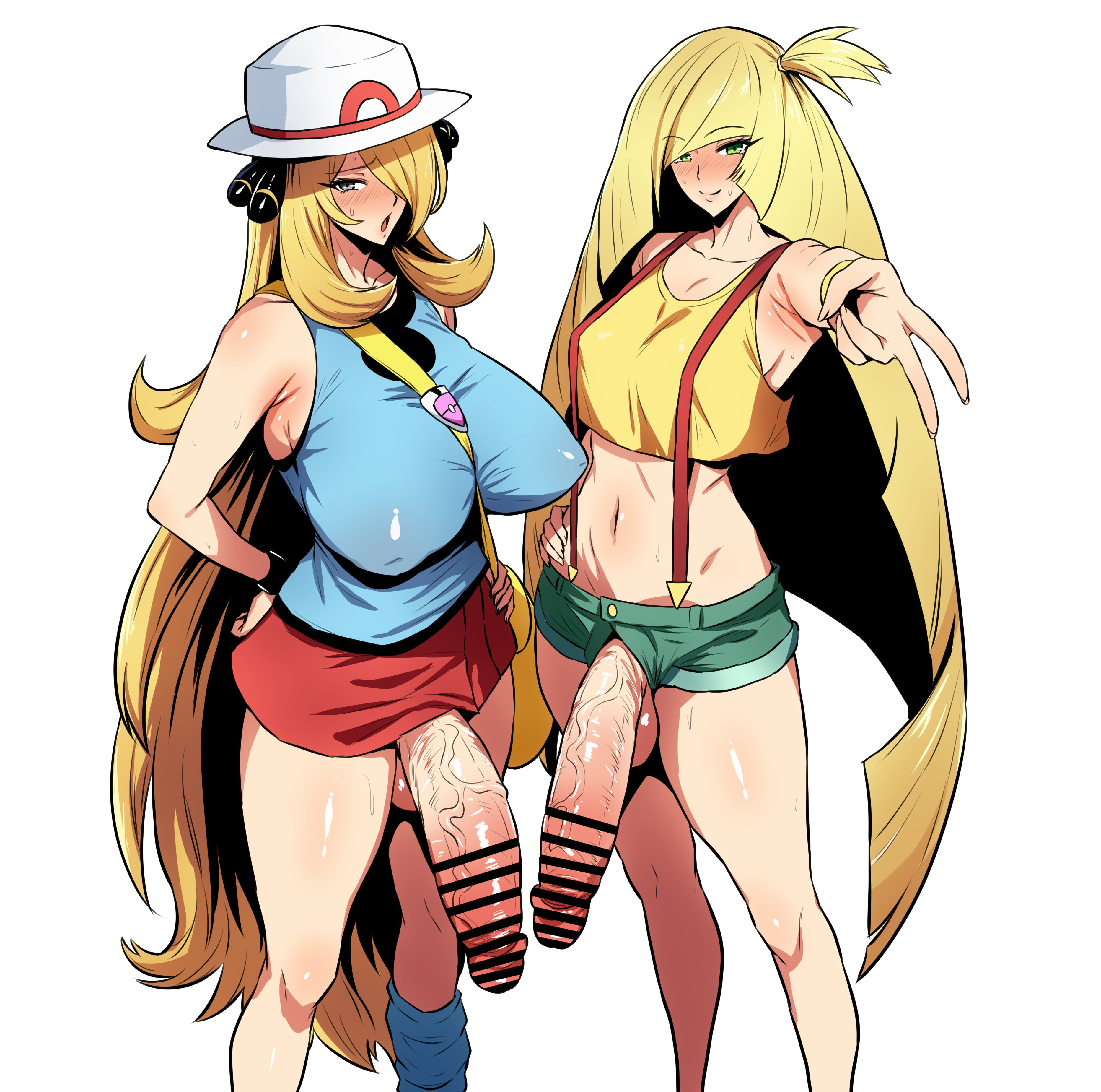 2026, 2d, 2girls, bar censor, blonde female, blonde hair, censored, clothed, cock out, cosplay, costume, cynthia (pokemon), futa only, futanari, game freak, green eyes, hat, inverted peace symbol, leaf (pokemon) (cosplay), lusamine (pokemon), minishorts, misty (pokemon) (cosplay), mochiume9, pokemon, skirt, tagme, vs seeker, white background