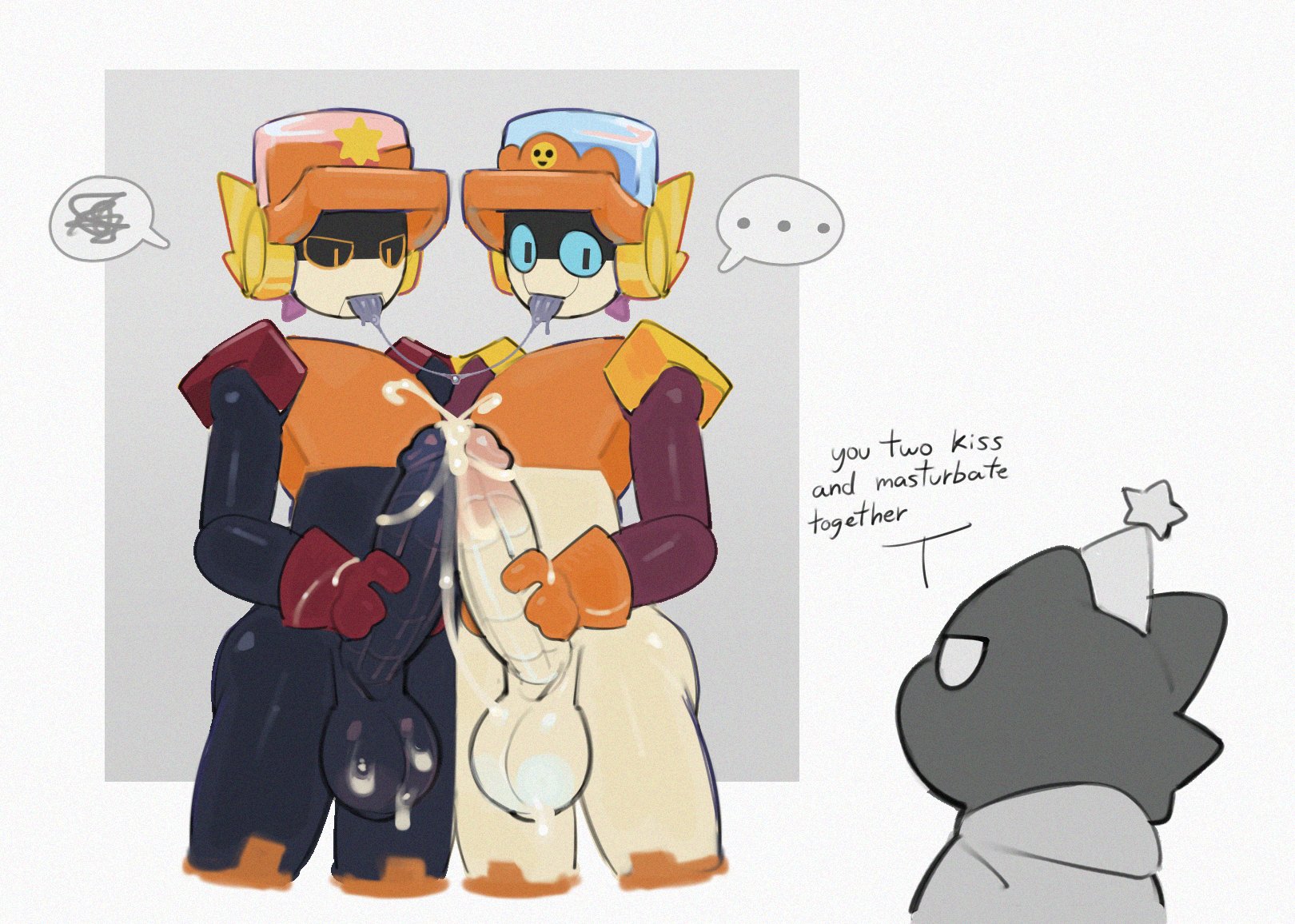 balls, birthday, birthday party, blue eyes, brawl stars, brother/brother, brothers, colored, cop, cum, cumming, cumshot, femboy, floating head, frottage, frotting, gay, gloves, helmet, holding penis, huge balls, huge cock, hung femboy, incest, jerking, kiss, larry (brawl stars), lawrie (brawl stars), male only, male/male, oc, penis, pochiiwa, requesting, robot, robot boy, robot penis, saliva, saliva string, text bubble, tongue out, twins, yaoi, yellow eyes