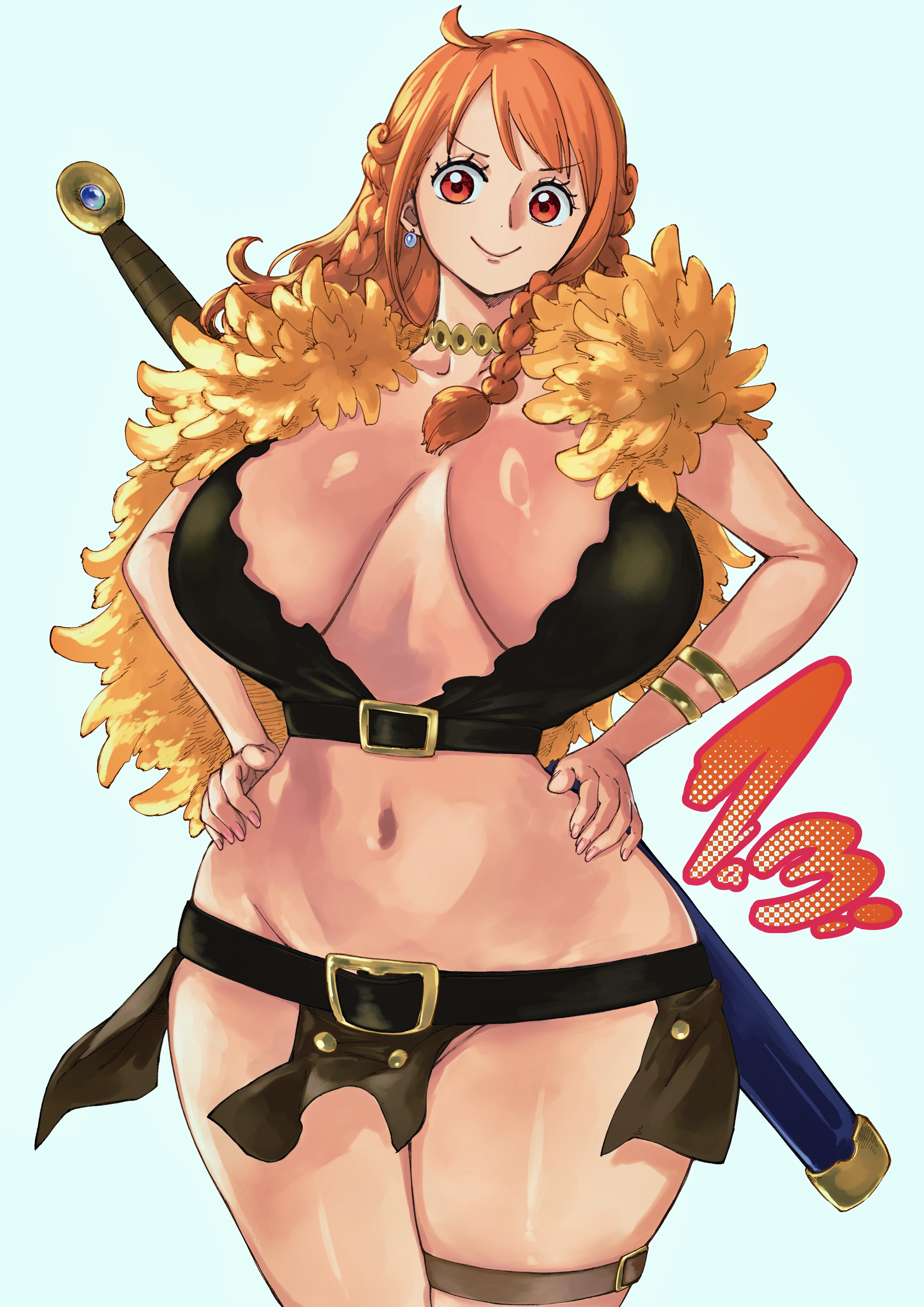 1girls, arm tattoo, big breasts, blue tattoo, blush, breasts, cleavage, elbaf, female, female focus, female only, hi res, huge breasts, kyugata, long hair, nami (one piece), nami (one piece) (elbaf), no panties, one piece, one piece: elbaf arc, orange hair, orange-haired female, post-timeskip, simple background, solo, tattoo, thick thighs, voluptuous, weapon, wide hips
