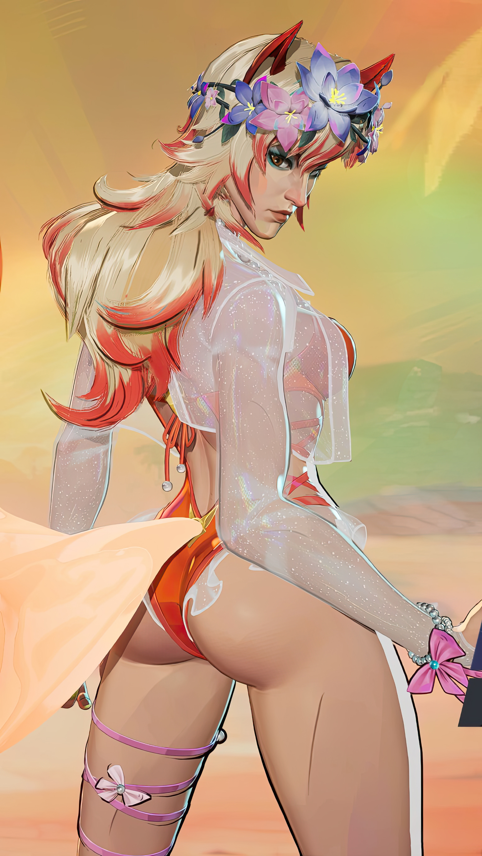 1girls, 3d, ass, ass focus, beach, big ass, bikini, female, female only, looking at viewer, marvel, marvel rivals, official art, screencap, solo, swimsuit, thick thighs, white fox (coastal kumiho), white fox (marvel rivals), white fox (marvel)