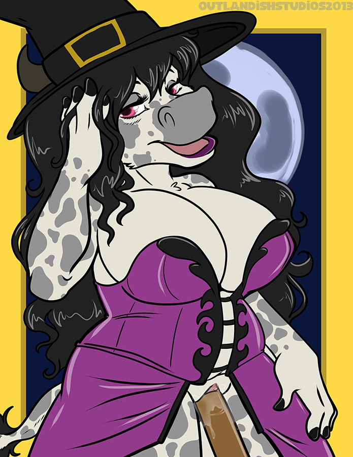 anthro big_breasts black_hair bovine breasts cattle chubby female fur furry furry_only hair lipstick long_hair magic_user mammal outlandish_studios pink_eyes pussy witch