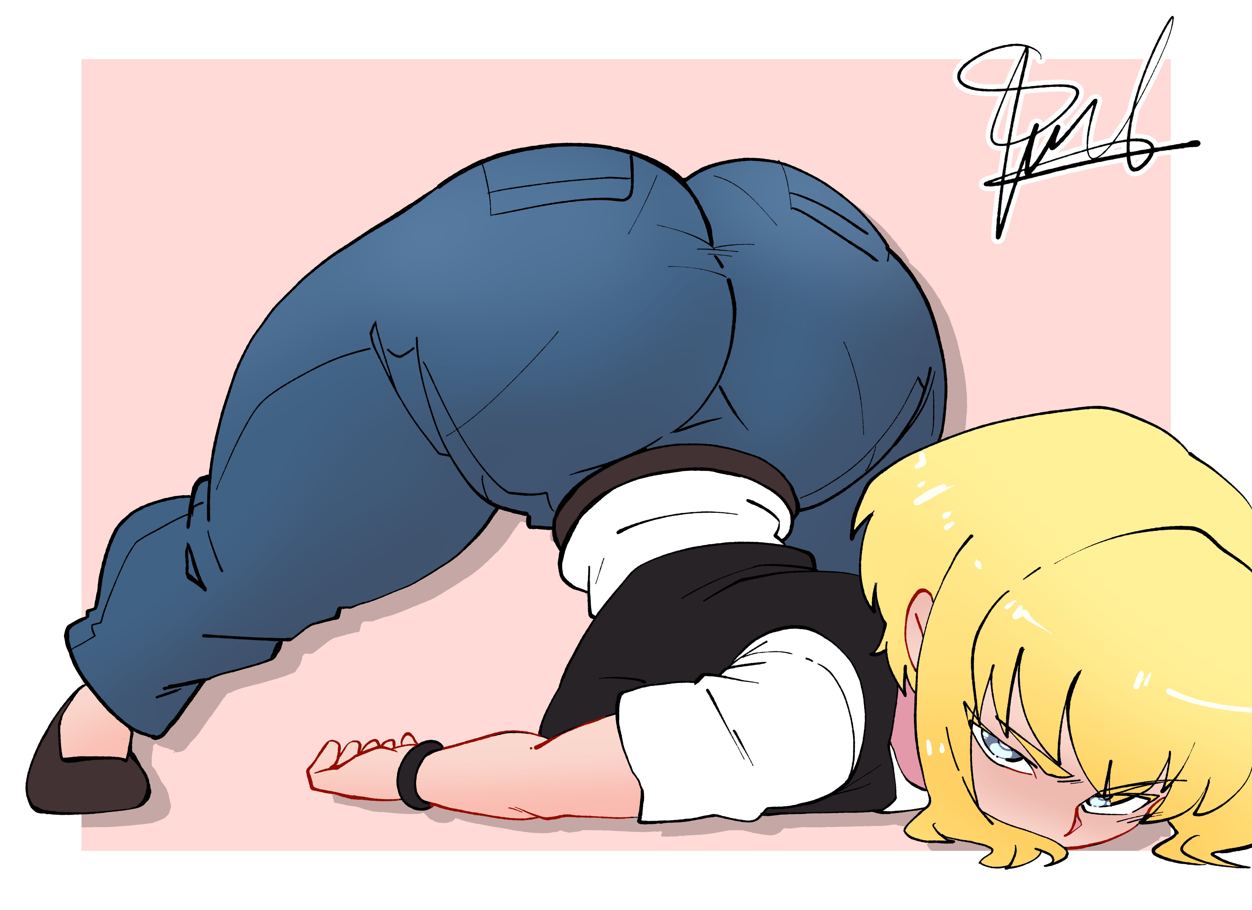absurd res, absurdres, artist signature, ass, ass focus, big ass, black jacket, blonde hair, blue eyes, butt focus, dc, dc comics, fat ass, gt animates, huge ass, jack-o pose, jeans, kara zor-el, large ass, my adventures with superman, shiny hair, shoes, sidelocks, simple background, supergirl, supergirl (my adventures with superman), superman (series), watch, white shirt