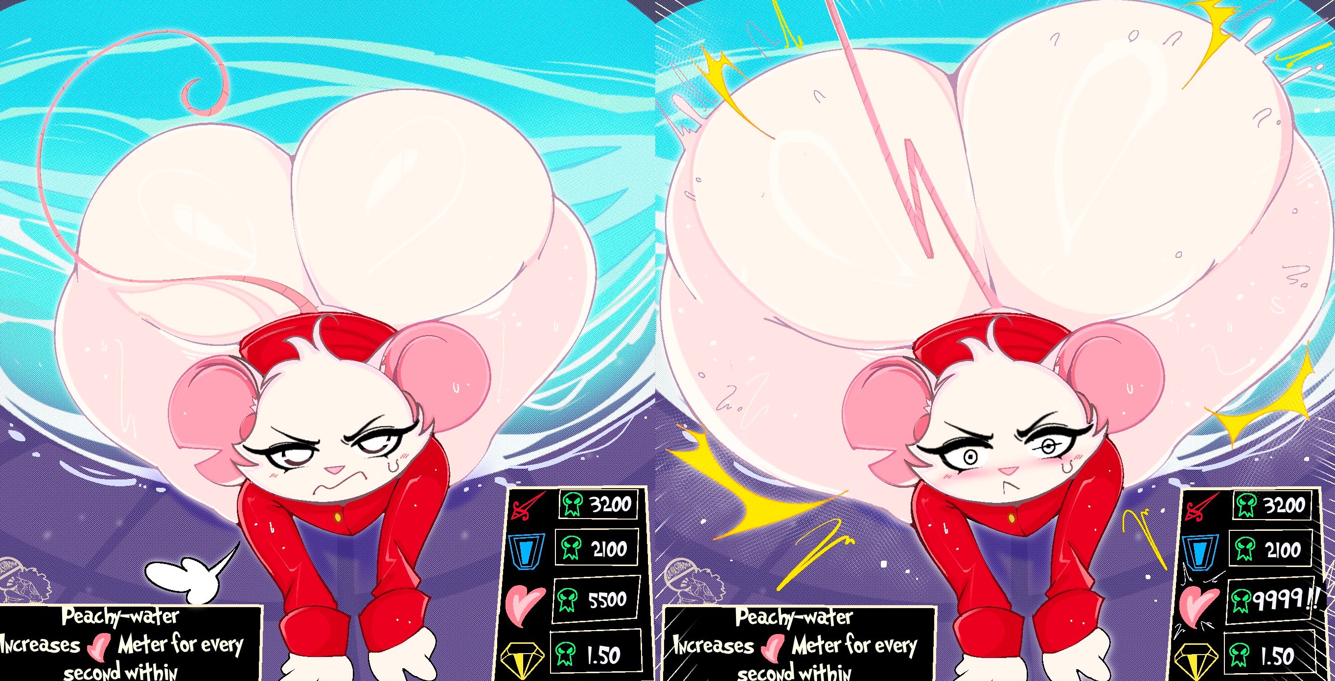 1girl, abuhashbrown, angry expression, anthro, ass expansion, ass out, bottom heavy, bottomless female, enchantment, fat ass, lake, magic effects, mina the hollower, mouse girl, rpg, stat change, stats screen, suprised expression