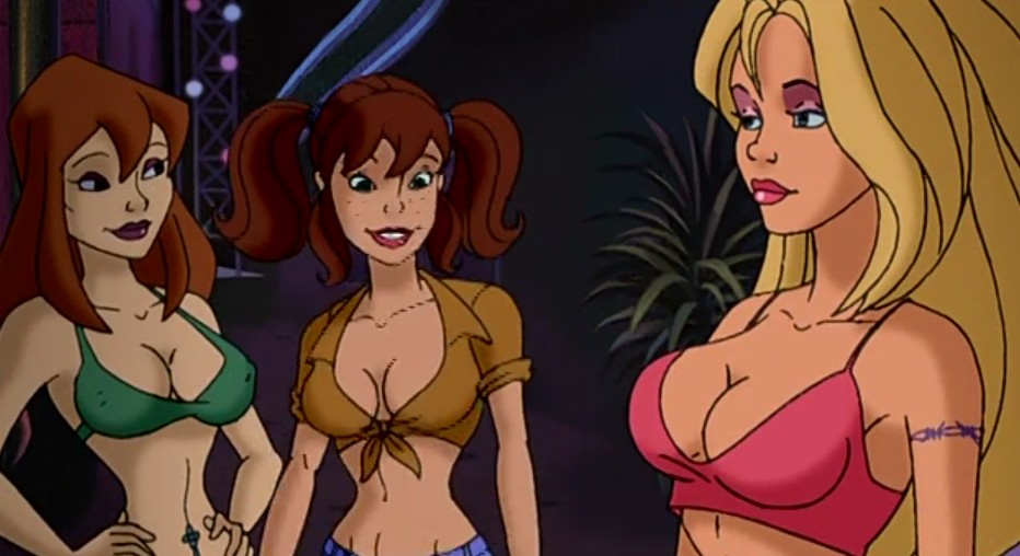 arm_tattoo barbed_wire_tattoo belly_button_piercing blonde_hair brown_shirt brunette_hair cheek_bones cleavage country_girl cowgirl_outfit dark_background denim_shorts freckles_on_face front_tie_top giselle_(stripperella) green_bikini green_lingerie hands_on_hips large_hair looking_at_female makeup mascara midriff nipples_visible_through_clothing no_bra_under_clothes perky_breasts pink_shirt screenshot small_shirt softcore staring_at_breasts strip_club stripper stripper_pole stripperella stripperella_(character) thick_hips twintails