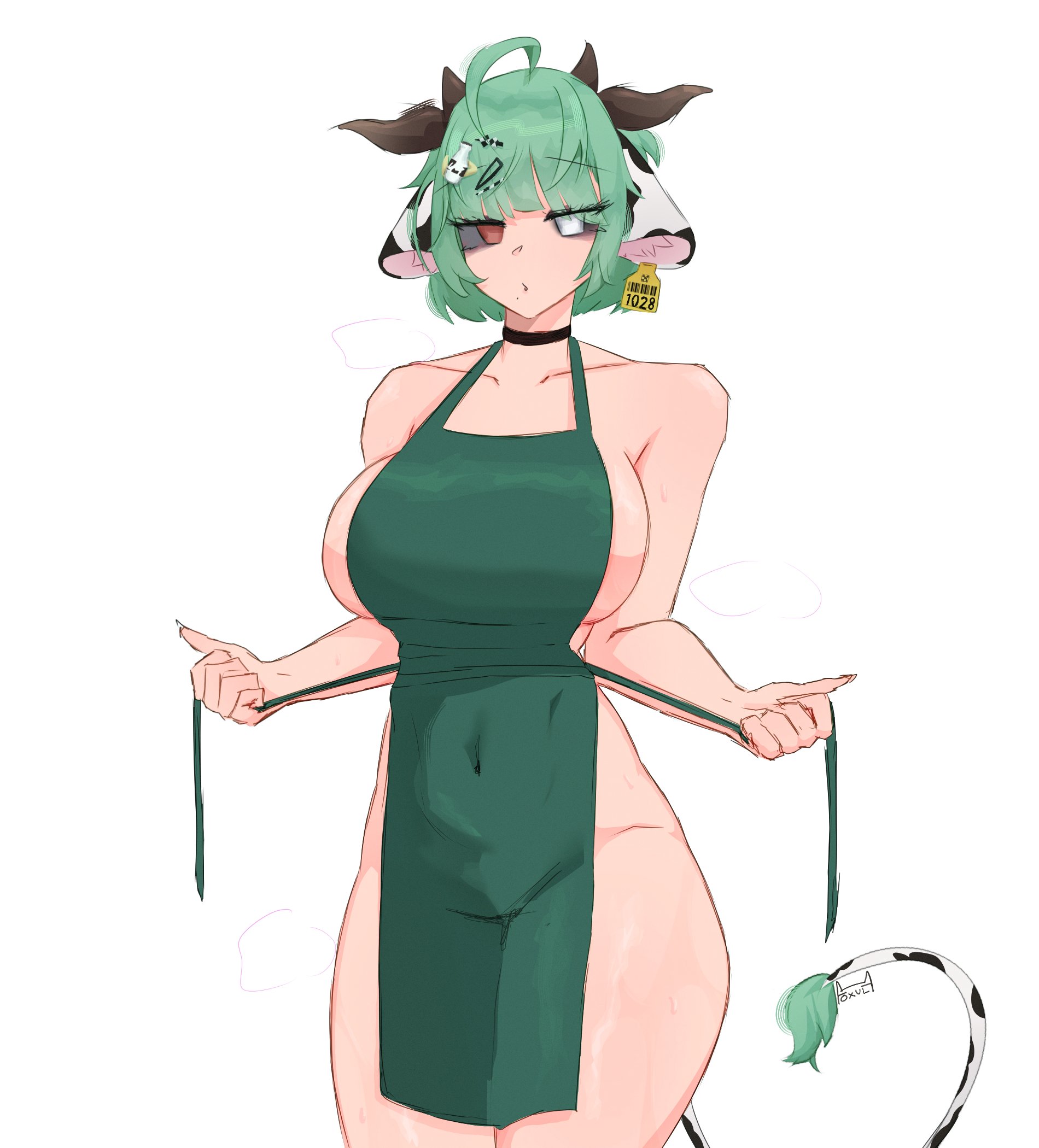 1girl, 1girls, 22foxulf, ahoge, animal ears, apron, black sclera, breasts, choker, colored sclera, cow ears, cow girl, cow horns, cow tail, crelly, curvy, female, foxulf, green apron, green hair, grey sclera, heterochromia, highres, hips, horns, indie virtual youtuber, large breasts, mismatched sclera, mole, mole under mouth, naked apron, red eyes, short hair, sideboob, solo, standing, tail, thick thighs, thighs, tits, virtual youtuber, vtuber, white background, wide hips