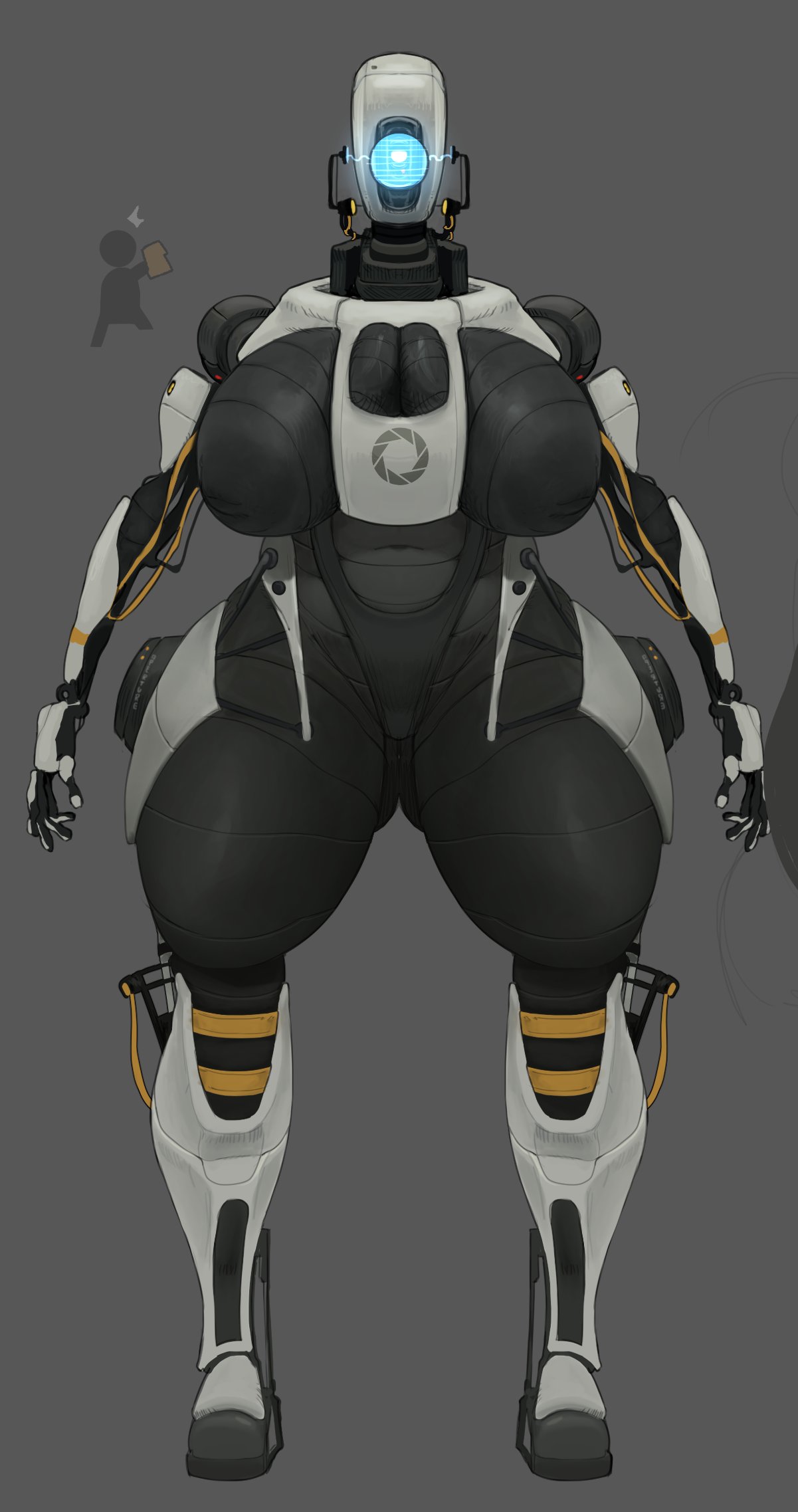 1girl, 1girls, ass visible through thighs, big breasts, blue eyes, breasts, curvaceous, curvy, curvy body, curvy female, curvy figure, cyclops, female, female focus, female only, glados, glados (humanoid), hips, large breasts, metallic body, mothsunshine, navel, nipples, no mouth, one eye, portal (series), robot, robot girl, robot humanoid, standing, thick thighs, valve, wide hips