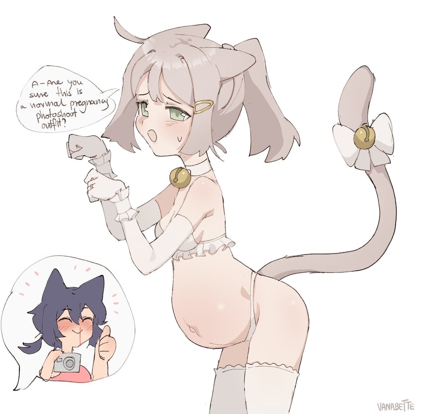 1boy, 1girls, bell, black hair, bra, camera, cat ears, cat tail, catgirl, collar, elbow gloves, frills, furry, gloves, hair ornament, hairclip, kemonomimi, light skin, light-skinned female, lingerie, miyu (vanabette), navel, nosebleed, panties, paw pose, pregnant, small breasts, tail, tail bell, thong, vanabette