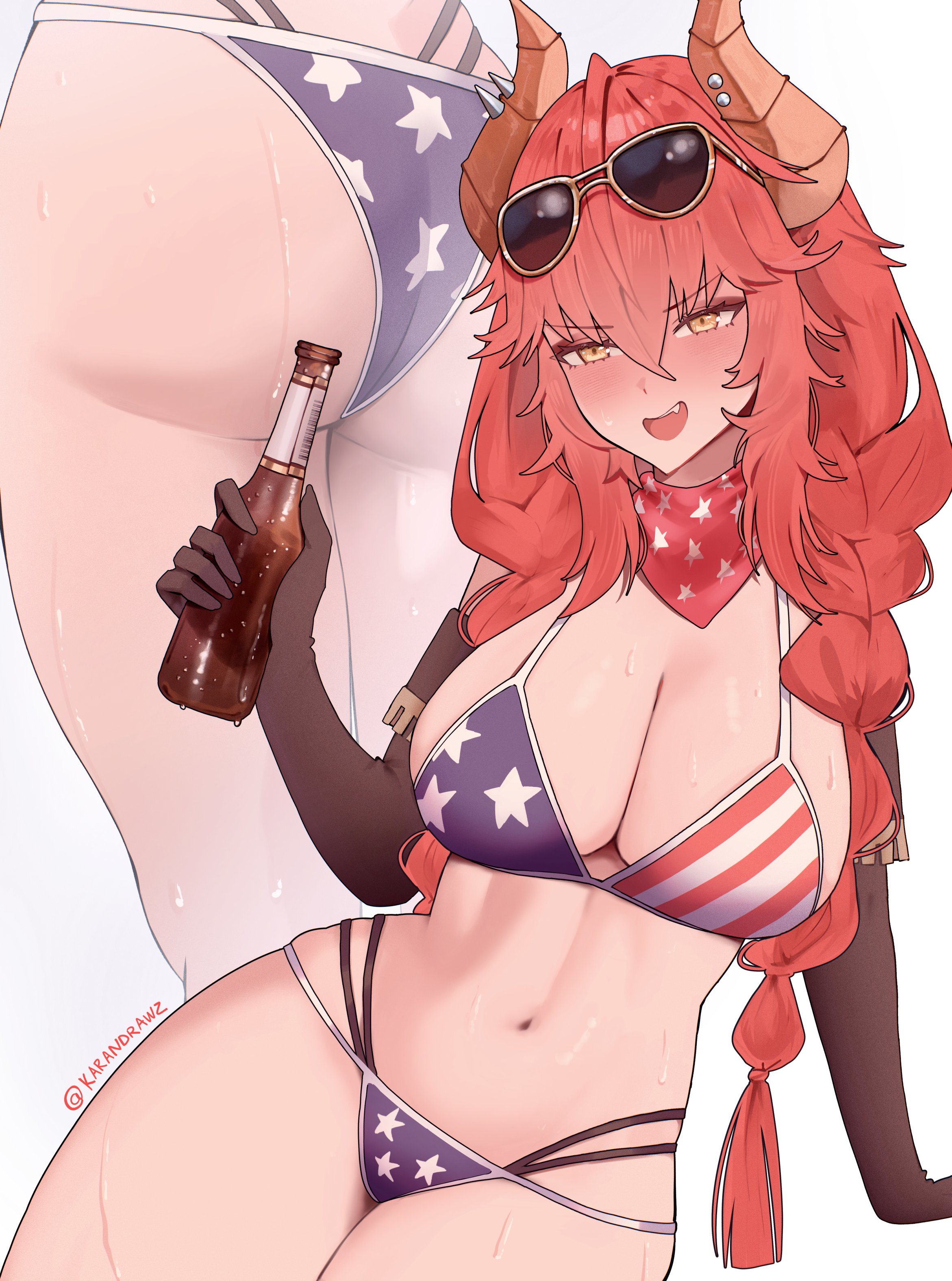 american flag bikini, beer, bikini, dragon girl, female, karandrawz, large ass, large breasts, red hair, sweating, thick thighs, virtual youtuber, yellow eyes, zentreya, zentreya (dragon)