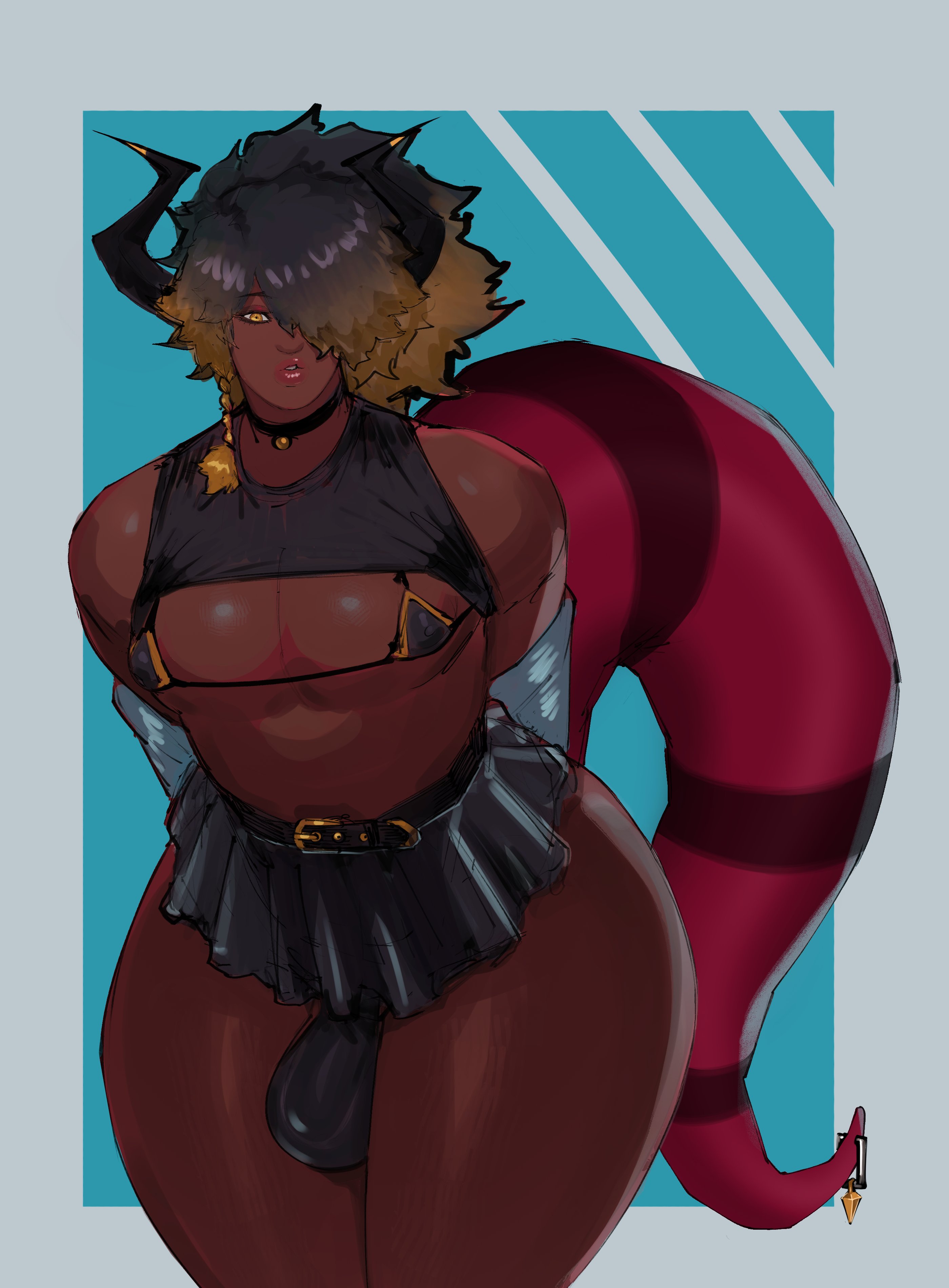 1boy, axred7, big bulge, big tail, bikini top, black hair, bottom heavy, bottom heavy femboy, bulge, curvy, curvy figure, dark skin, dark-skinned femboy, dark-skinned male, dark-skinned sissy, dark-skinned sub, dragon horns, dragon humanoid, ebony, femboy, gay, hair over one eye, intersex, looking at viewer, miniskirt, pierced tail, thick thighs, voluptuous, voluptuous male, wide hips, yaoi, yellow eyes, yellow highlights, zini (beefynerdd)