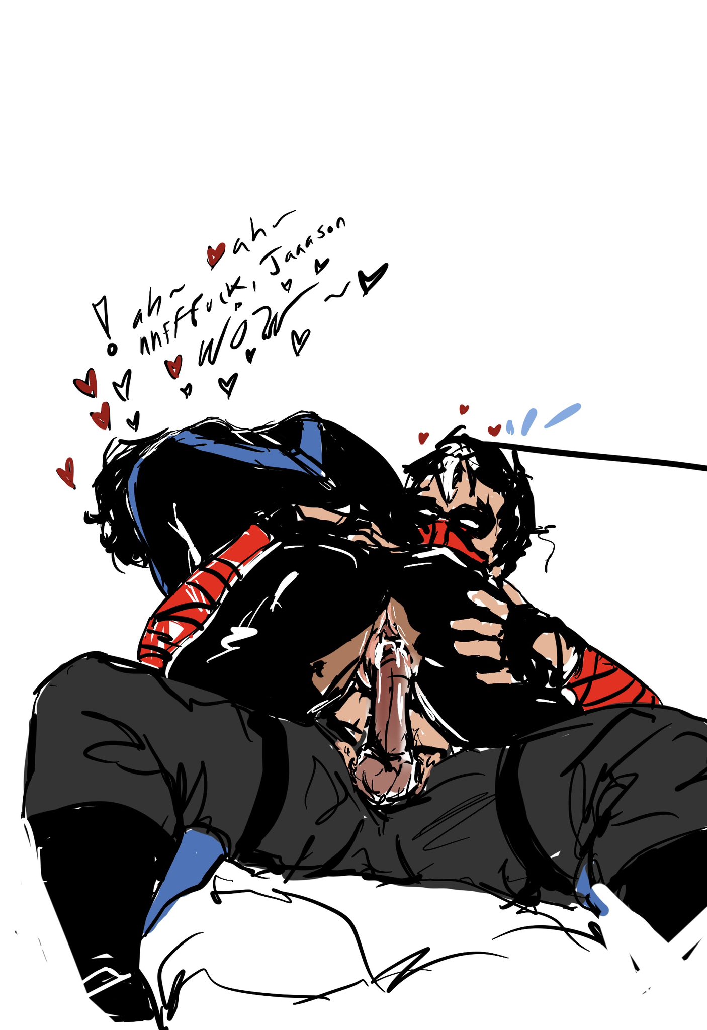 2boys, balls, cock, dc, dc comics, dick grayson, duo, duo focus, jason todd, male, male focus, male only, nightwing, penis, red hood (dc), riding, sketch, yaoi
