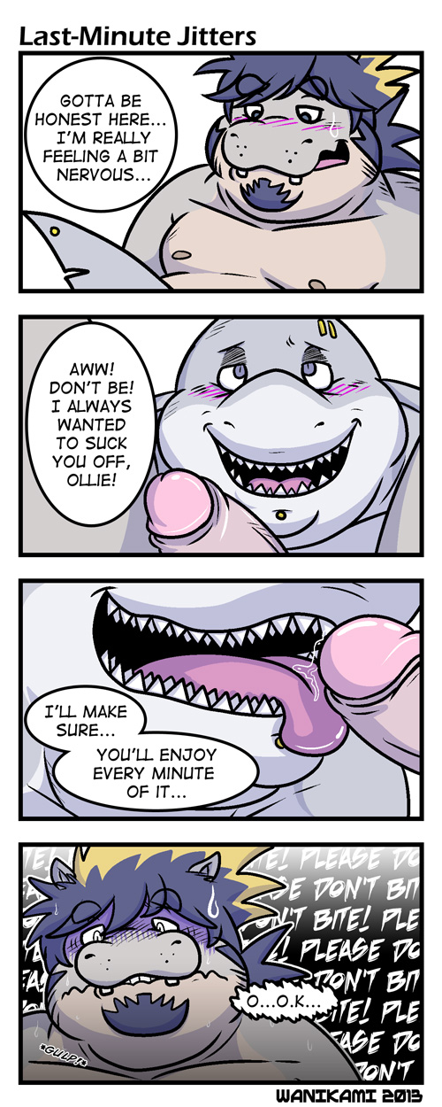 anthro blush comic duo english_text fish hippopotamus humor male mammal marine multiple_males oral overweight penis precum shark text wanikami yaoi