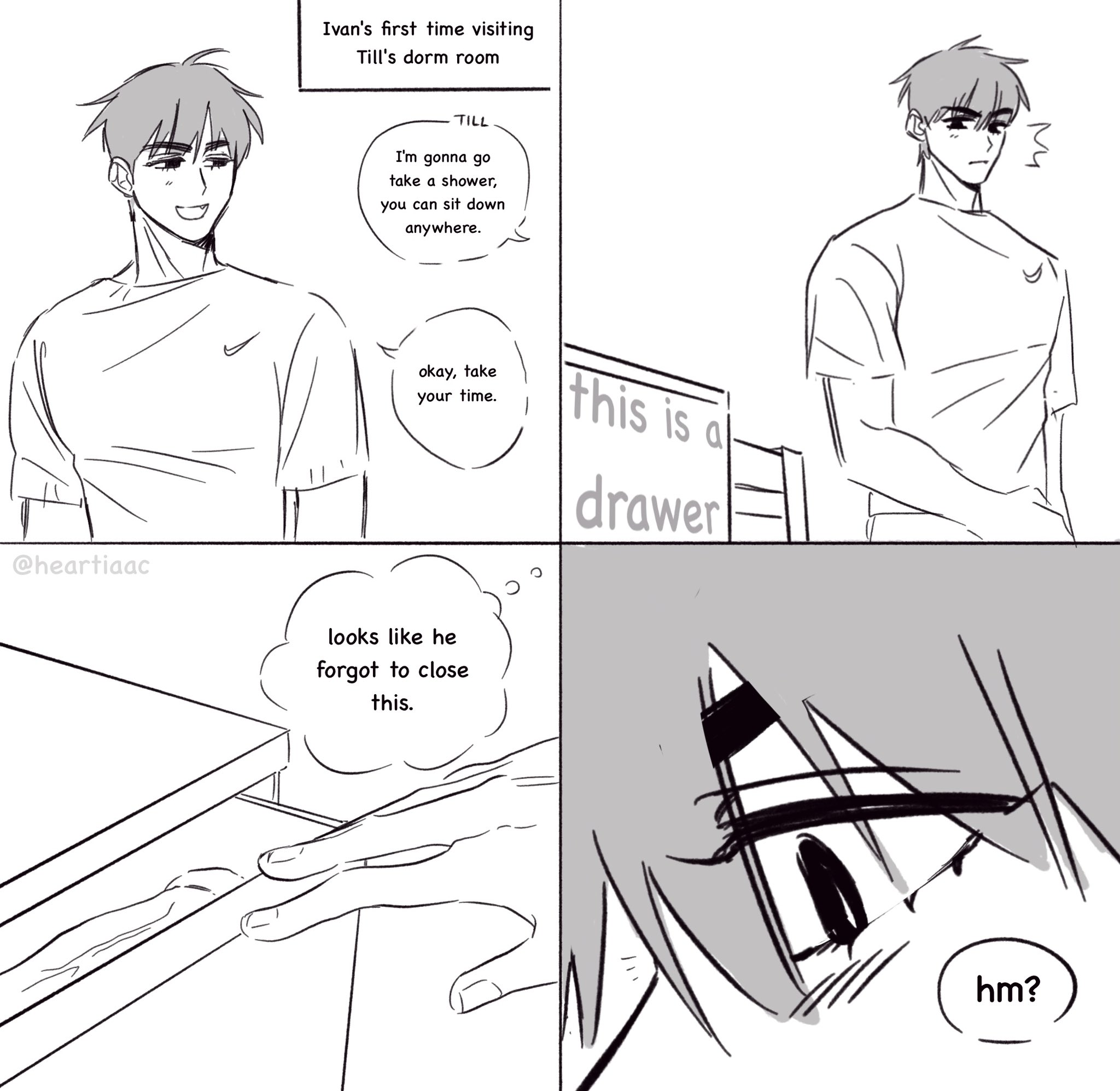 1boy, alien stage, comic, dildo, drawer, english text, greyscale, heartiaac, ivan (alien stage), male, open mouth, shirt