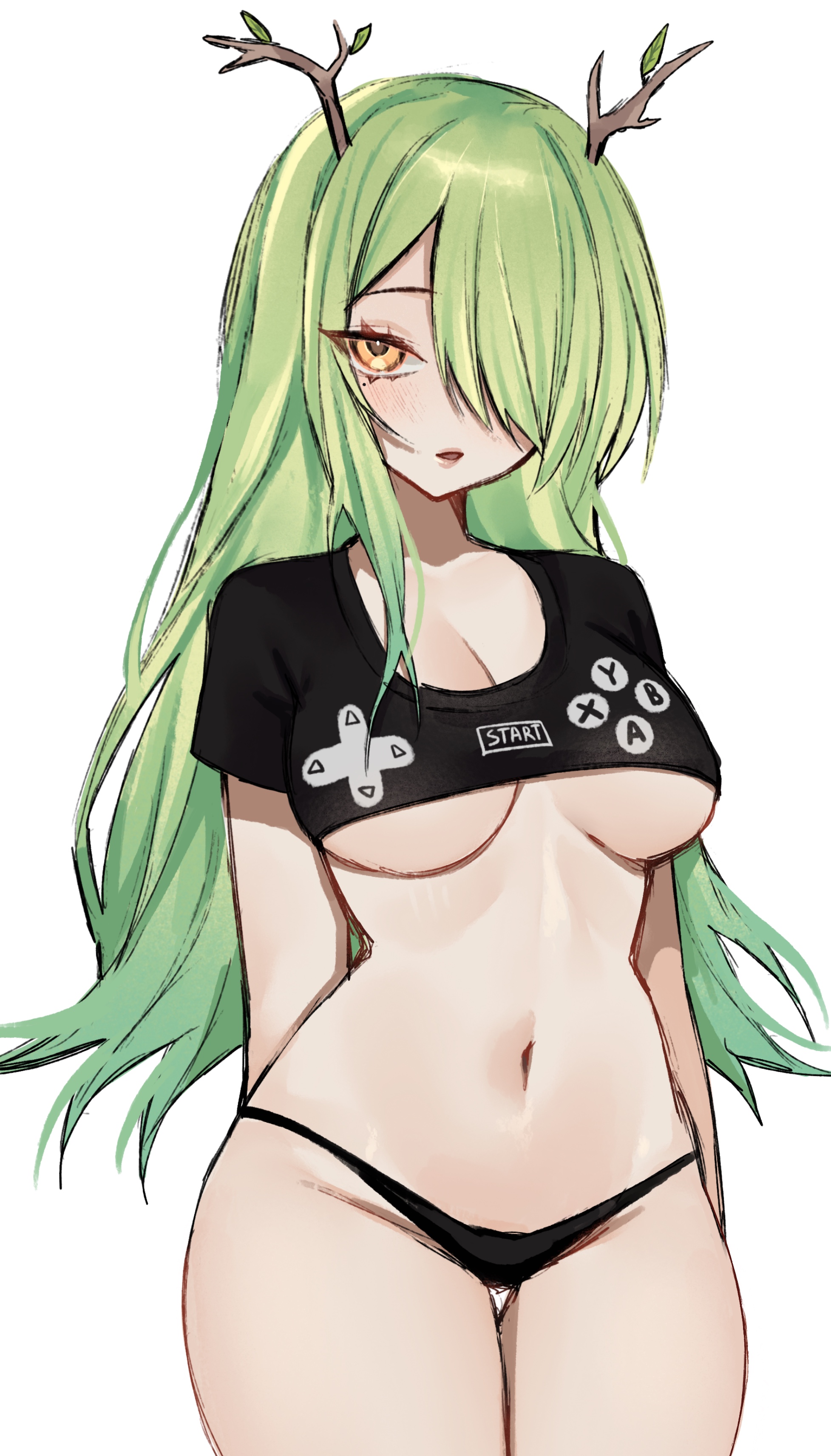breasts, ceres fauna, cleavage, female, gamer, gamer girl, green hair, hololive, hololive english, hololive english -council-, hololive english -promise-, large breasts, long hair, miclipse, panties, thighs, underboob, virtual youtuber