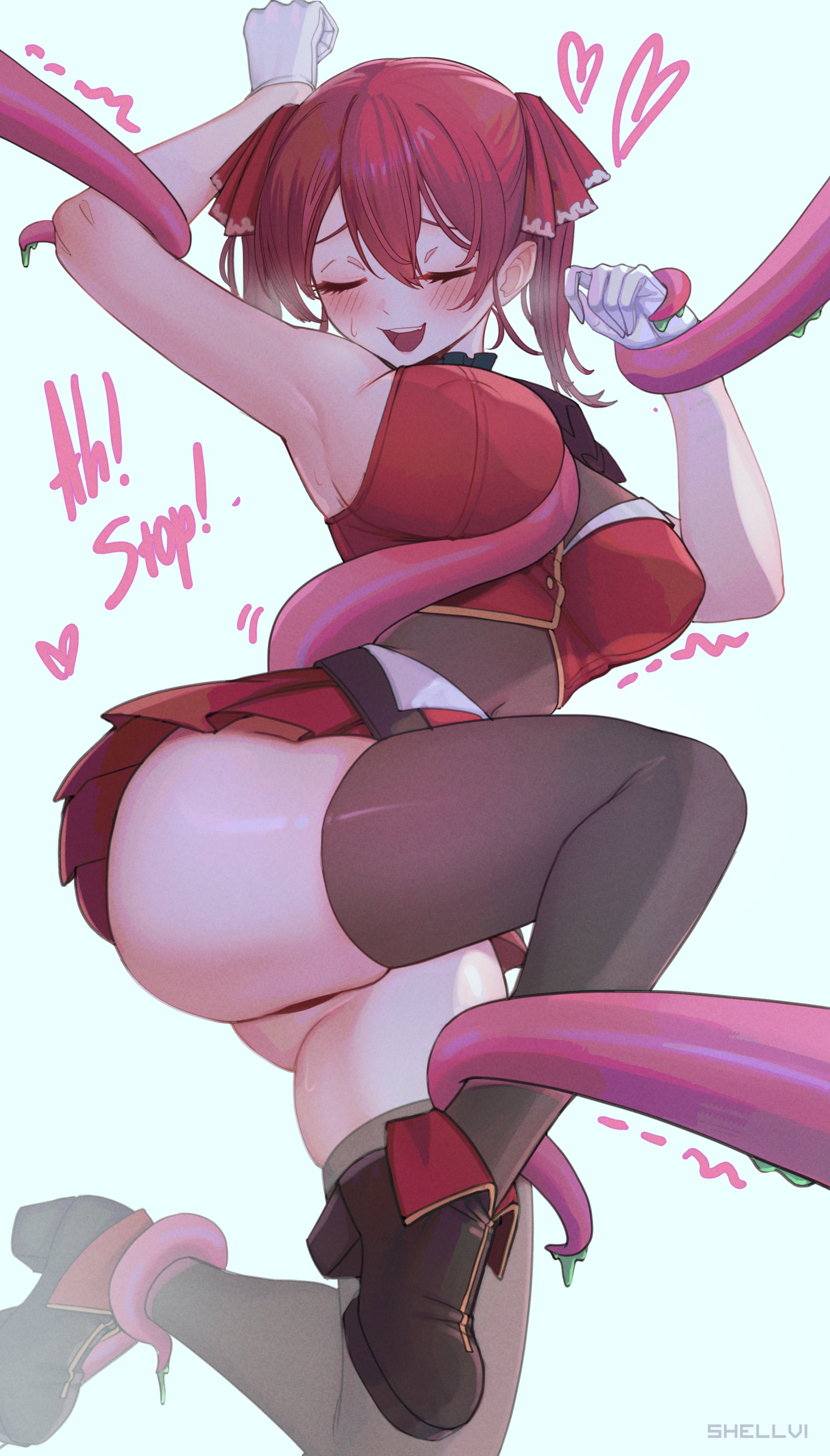 1girls, ass, blush, bondage, breasts, closed eyes, cnc, consensual non consent, female, hololive, hololive fantasy, hololive japan, houshou marine, large breasts, red hair, restrained, secretly loves it, shellvi, skirt, solo, sweat, tentacle, tentacle rape, thighs, virtual youtuber