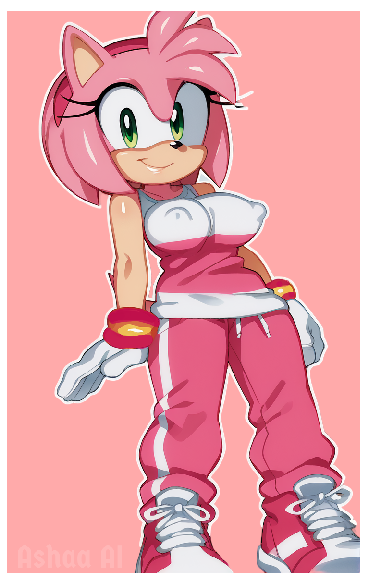 ai_generated alternate_costume amy_rose ashaa big_breasts clothed clothing cute erect_nipples full_body green_eyes hair_accessory mobian mobian_(species) nipples_covered pink_body pink_fur shirt simple_background sleeveless sneakers sonic_(series) sonic_riders sonic_the_hedgehog_(series) sportswear track_pants white_gloves