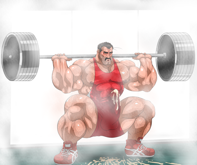 after_orgasm balls bara beefy boner cum cum_through_clothes daddy erection erection_under_clothes facial_hair hitenmaru male male_only manly moustache muscles muscular musk penis singlet solo solo_male sweat sweating weightlifting