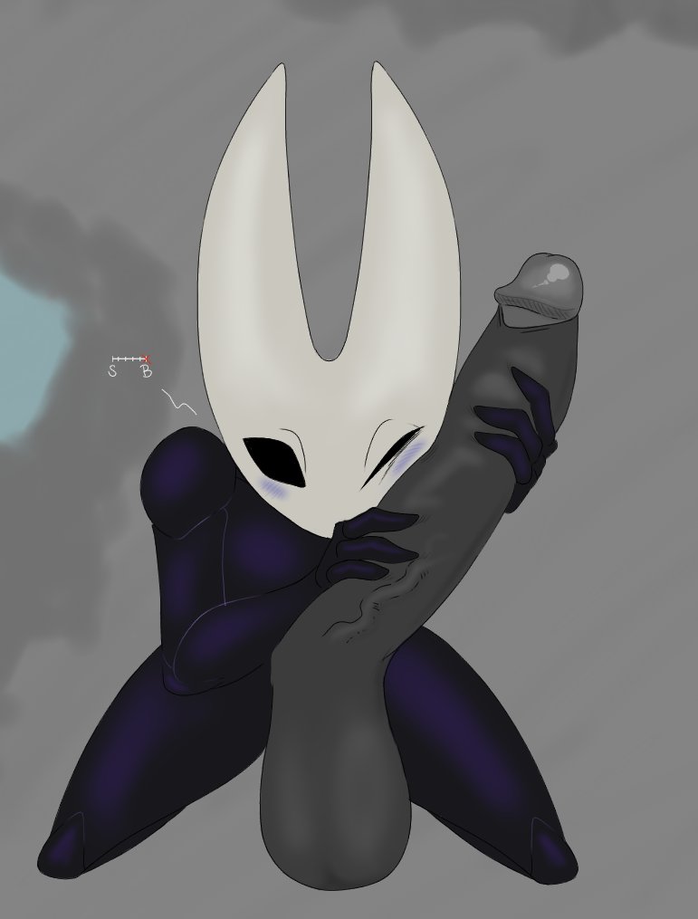 anthro arachnid arthropod balls big_balls big_penis biped black_body black_eyes blush blush_lines erection face_squish genitals holding_penis hollow_knight horn hornet_(hollow_knight) jizzus kneeling leaning leaning_forward long_penis one_eye_closed penile penis penis_against_cheek penis_on_face penis_worship segmented_body spider squish team_cherry vein veiny_penis water white_body