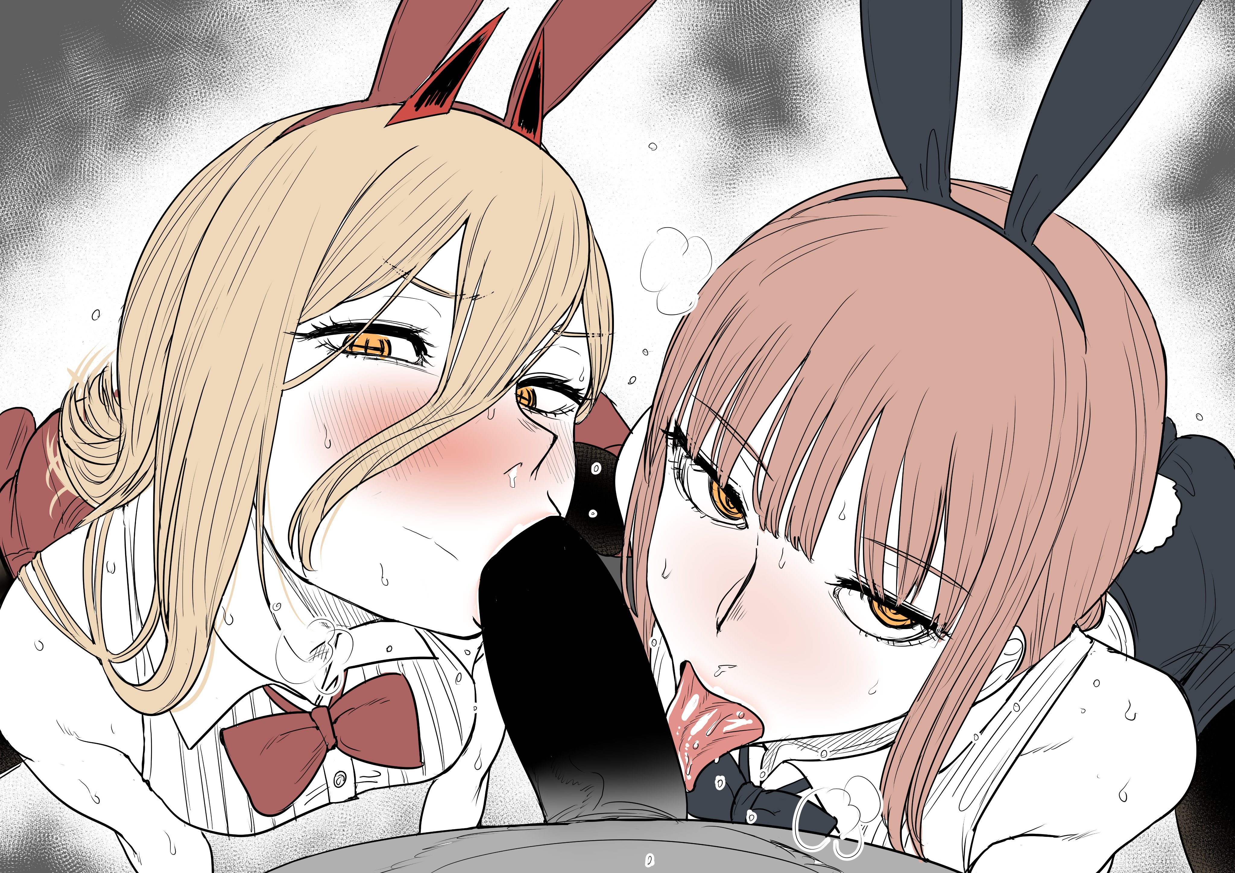 1boy, 2girls, blonde hair, blowjob, blowjob face, blush, bunny ears, bunny girl, bunnysuit, chainsaw man, collaborative fellatio, devil, double blowjob, double fellatio, fellatio, female, horns, human, humanoid, kaiman garupan, licking, long hair, makima (chainsaw man), male, male pov, multiple females, multiple girls, open mouth, oral, orange eyes, partially colored, penis, pov, power (chainsaw man), red hair, sweat, sweatdrop, teamwork, tongue, tongue out, yellow eyes