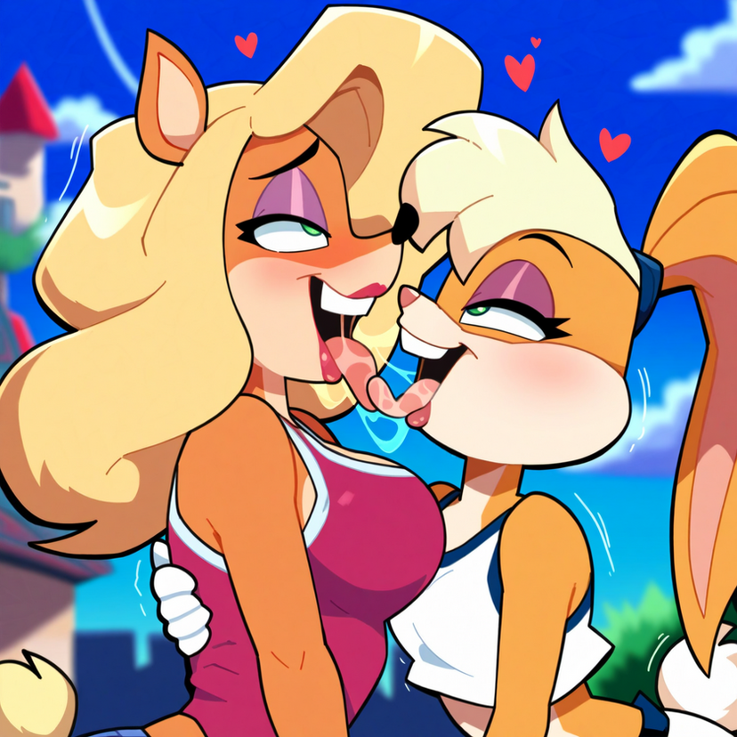 ai_generated crash_(series) french_kissing furry furry_female interspecies_yuri kissing lola_bunny looney_tunes powerhouserift saliva_string sloppy_kiss space_jam tawna_bandicoot tongue_kiss tongue_touching_another's_tongue tongues_touching yuri