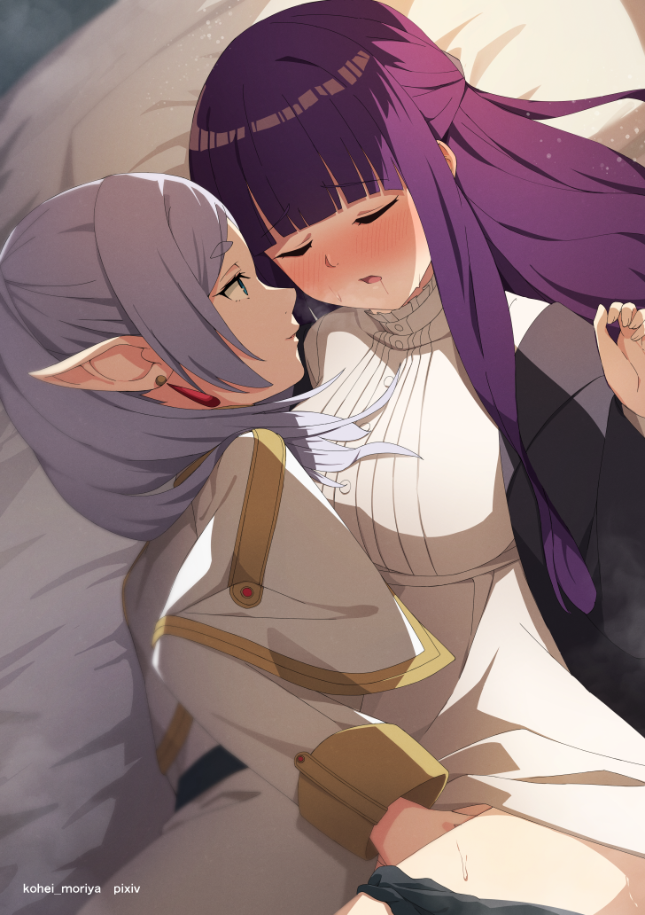 2girls artist_name bed blunt_bangs blush breasts closed_eyes coat dress earrings elf female female_only fern_(sousou_no_frieren) frieren jewelry kohei_moriya large_breasts long_hair long_sleeves looking_at_another multiple_girls on_bed open_clothes open_coat open_mouth pillow pointy_ears purple_hair sidelocks sousou_no_frieren sweat twintails watermark white_dress yuri