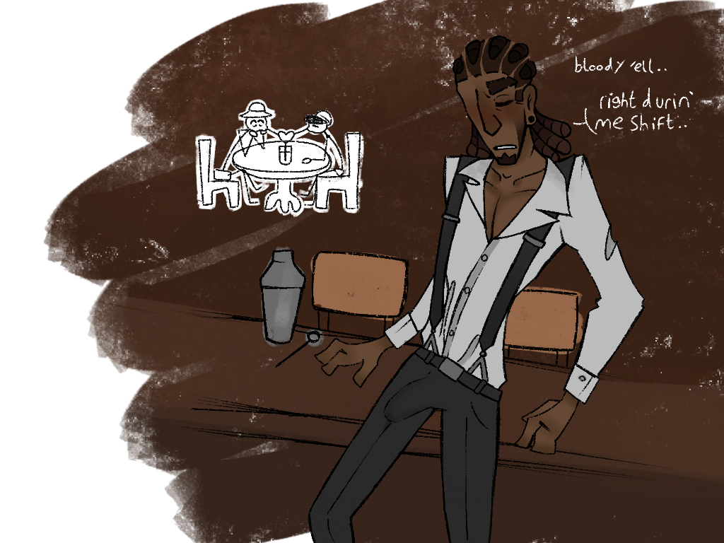 ballzz bartender blush braids brown_skin bulge_through_clothing dark-skinned_male i_was_lazy_with_the_background_lolzers leaning_on_table male_focus oc original_character precum_through_clothing sitting_on_table skinny solo_male suspenders that's_not_my_neighbor thick_eyebrows toony very_dark_skin