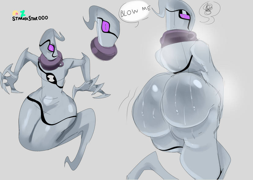 1boy 1femboy alien alien_femboy angry_expression ass ben_10 big_ass big_butt bubble_butt bulge chaquetrix dat_ass dialogue fat_ass femboy femboy_only ghost ghostfreak huge_ass large_ass massive_ass no_legs starverstar000 sweat sweatdrop sweating thick_thighs wiggle_lines