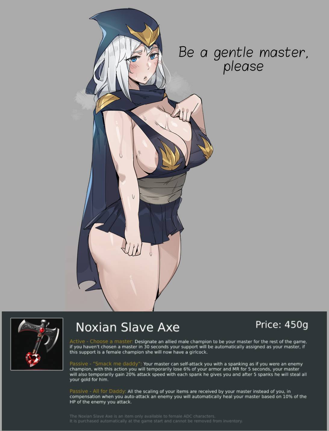 1girls 2024 2d 2d_(artwork) 2d_artwork ashe_(league_of_legends) big_breasts big_thighs blue_eyes blush bobtheneet dialogue edited english_text fantasy female female_only femsub item_description league_of_legends league_of_legends:_wild_rift magic_item maledom maledom_caption milf riot_games shy sweat text thick_thighs white_hair