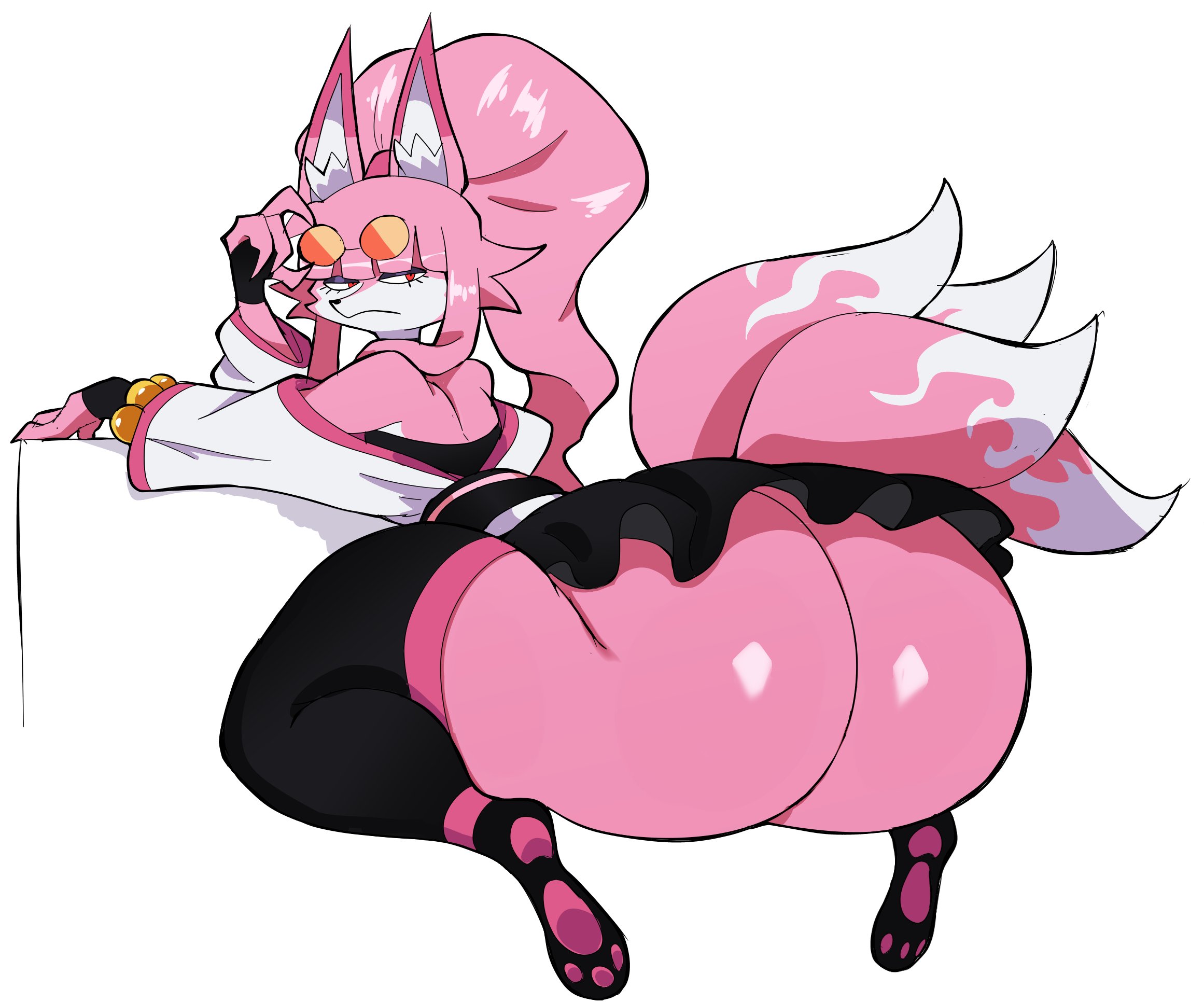 1girls, 2d, 2d (artwork), 2d artwork, annoyed, ass, big ass, big butt, bubble ass, bubble butt, butt, curvaceous, cyberlord1109, fat ass, fat butt, female, female focus, female only, glitchlord8391, huge ass, huge butt, looking back, multi tail, multicolored fur, pink fur, project: grand regalia, shakugan (glitchlord8391), solo, solo female, solo focus, sunglasses, sunglasses on head, tagme, tail, tails, thick ass, thick butt, voluptuous, voluptuous body, white background