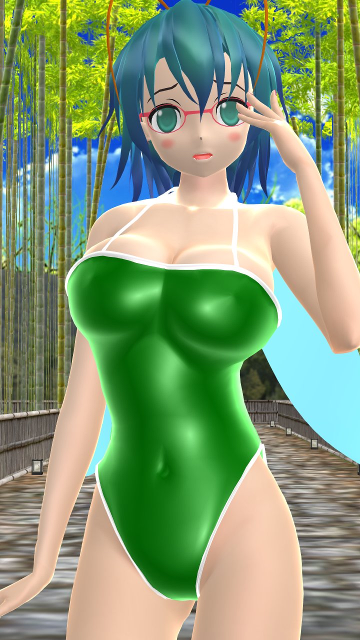 1girls 2024 3d_(artwork) antennae_(anatomy) bamboo_forest firefly glasses green_swimsuit grown_up hati_yukkuri_mmd imperishable_night insect_wings insects light-skinned_female looking_at_viewer mmd sky solo_female solo_focus swimsuit teal_hair touhou wriggle_nightbug youkai