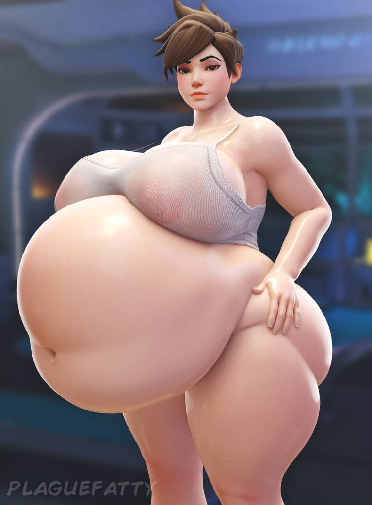 3d barely_clothed bbw belly big_belly big_breasts duplicate fat_fetish huge_belly large_ass lena_oxton massive_belly obese obese_female overwatch overwatch_2 plaguefatty tracer weight_gain white_bra