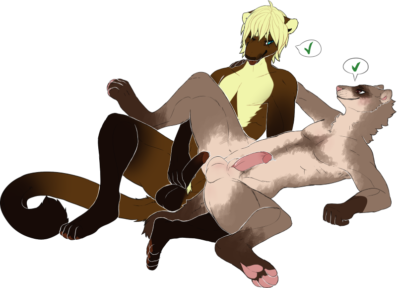 alain_ferret anal anthro balls blonde_hair blue_eyes brown_eyes carter_reise eye_contact ferret fur furry hair humanoid_penis implied_anal male mammal marten multiple_males mustelid mute-owl pawpads paws penis pine_marten sheath smile tongue yaoi