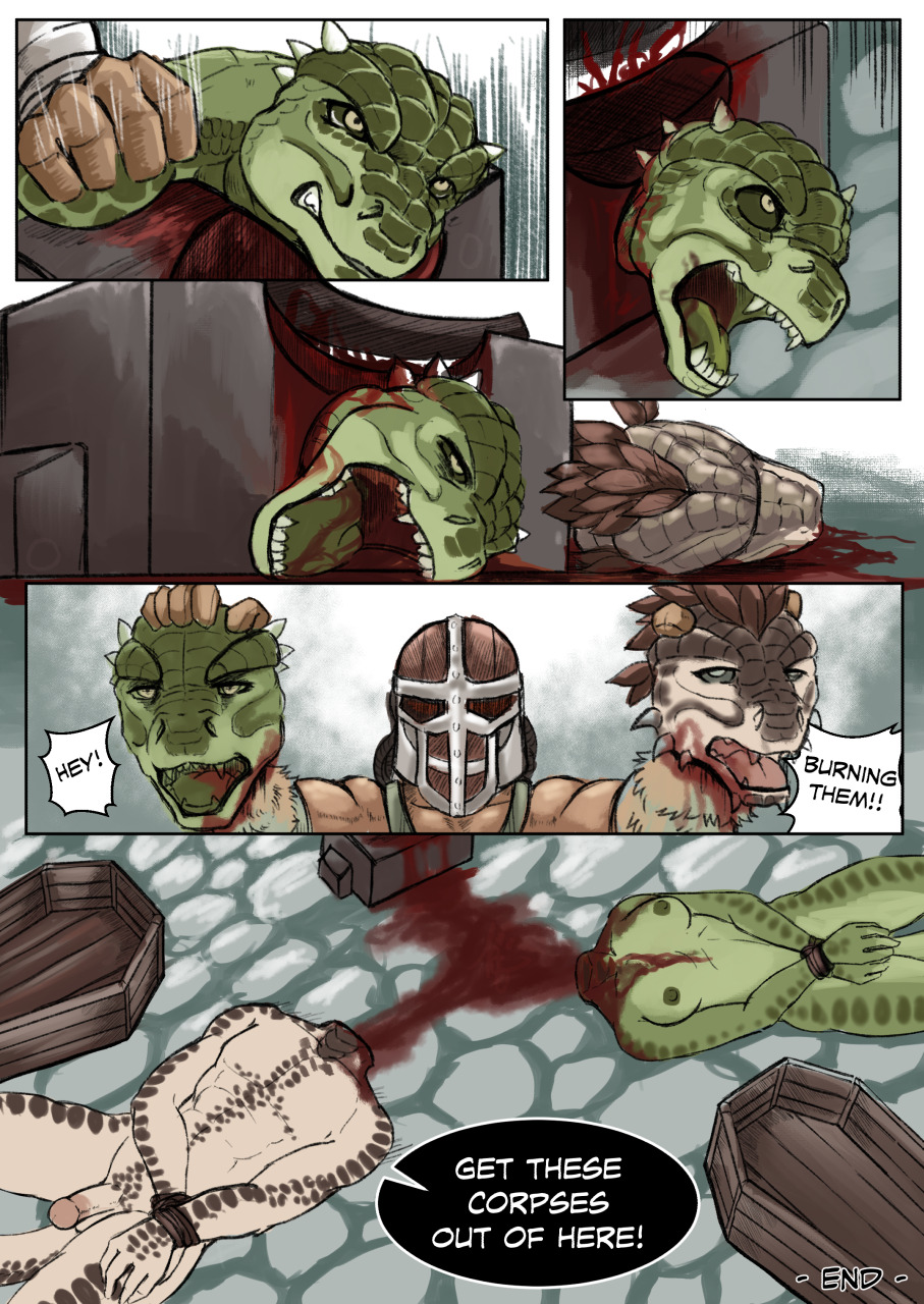 anthro argonian armor axe baroque_(artist) beheaded beheading bethesda_softworks blood bodily_fluids bound breasts chopping_block coffin comic death decapitation deeja end_page execution executioner female genitals gore green_body green_scales group guro headgear headless hi_res human imminent_death jaree-ra male mammal microsoft multicolored_body multicolored_scales nipples nude penis restrained restraints rope scales scalie skyrim snuff the_elder_scrolls wrists_tied