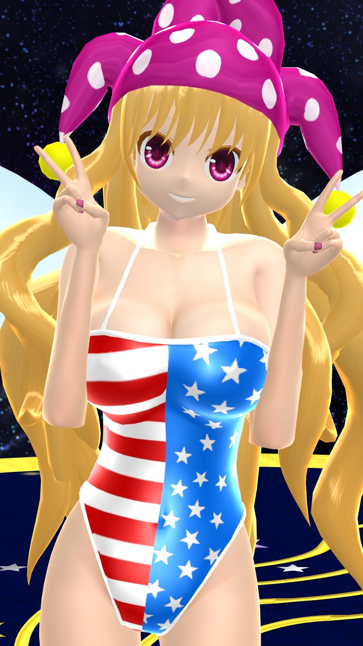 1girls 2024 3d_(artwork) american_flag_swimsuit big_breasts blonde_hair_female clownpiece cosmic_background double_peace_sign fairy fairy_wings grown_up hati_yukkuri_mmd headwear jester_hat lampad legacy_of_lunatic_kingdom light-skinned_female long_hair_female looking_at_viewer mmd peace_sign pink_eyes polka_dots smiling_at_viewer solo_female solo_focus space stars stars_and_stripes swimsuit swimwear touhou wings