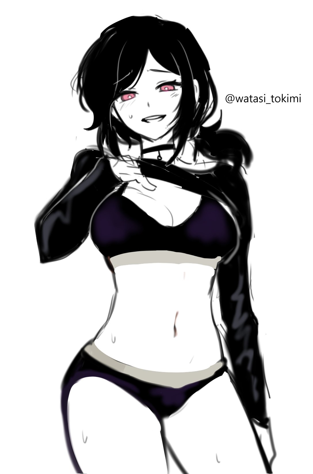 1girls ashley_graves black_clothing black_hair blush bra choker female front_view looking_at_viewer panties partially_clothed ponytail shirt_lift smile solo sweat the_coffin_of_andy_and_leyley watasi_tokimi wide_hips