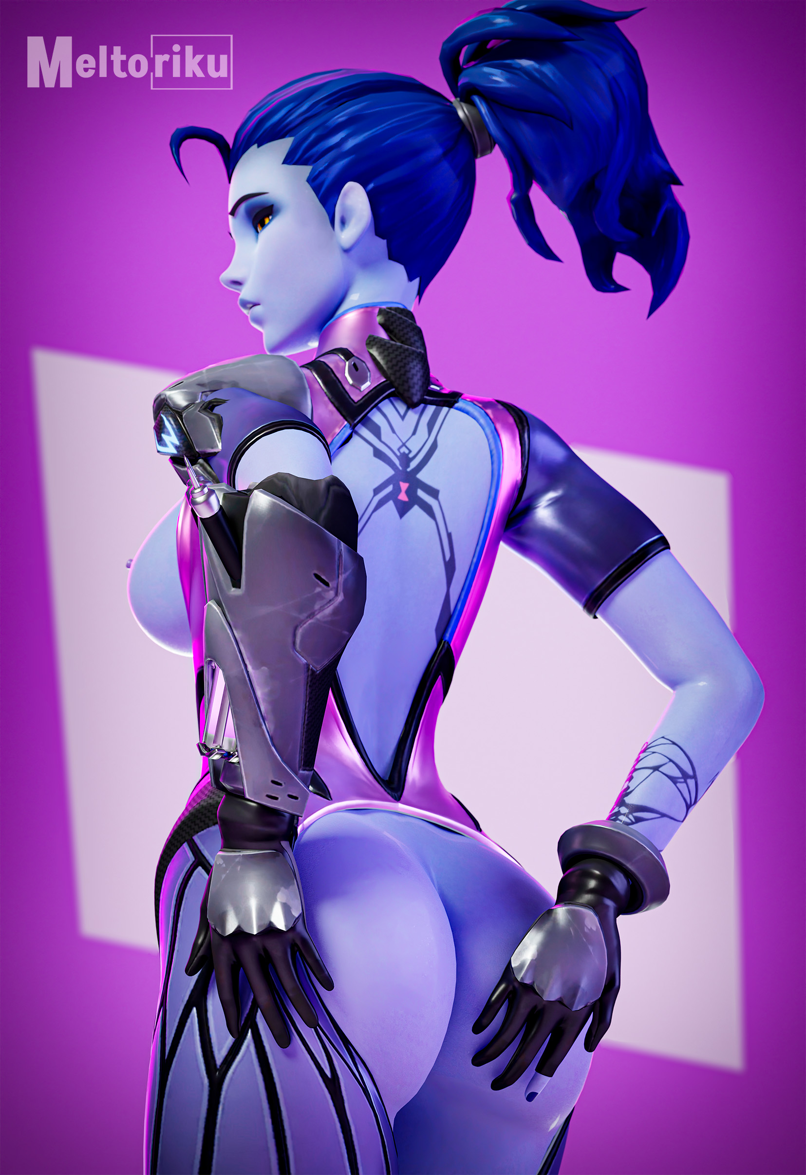 1girls, 3d, 3d (artwork), amelie lacroix, areolae, ass, ass focus, ass grab, blender, blender cycles, blizzard entertainment, bodysuit, breastless clothes, breasts, clothing, cute, female, female focus, female only, gloves, hi res, high resolution, human, latex, latex clothing, latex gloves, latex suit, light skin, long hair, looking at viewer, looking away, meltoriku, no bra, nude, overwatch, overwatch 2, pose, posing, purple body, purple hair, pussy, shiny, shiny clothes, simple background, solo, solo female, solo focus, tagme, tattoo, tight clothing, useless clothing, video games, watermark, wide hips, widowmaker, yellow eyes