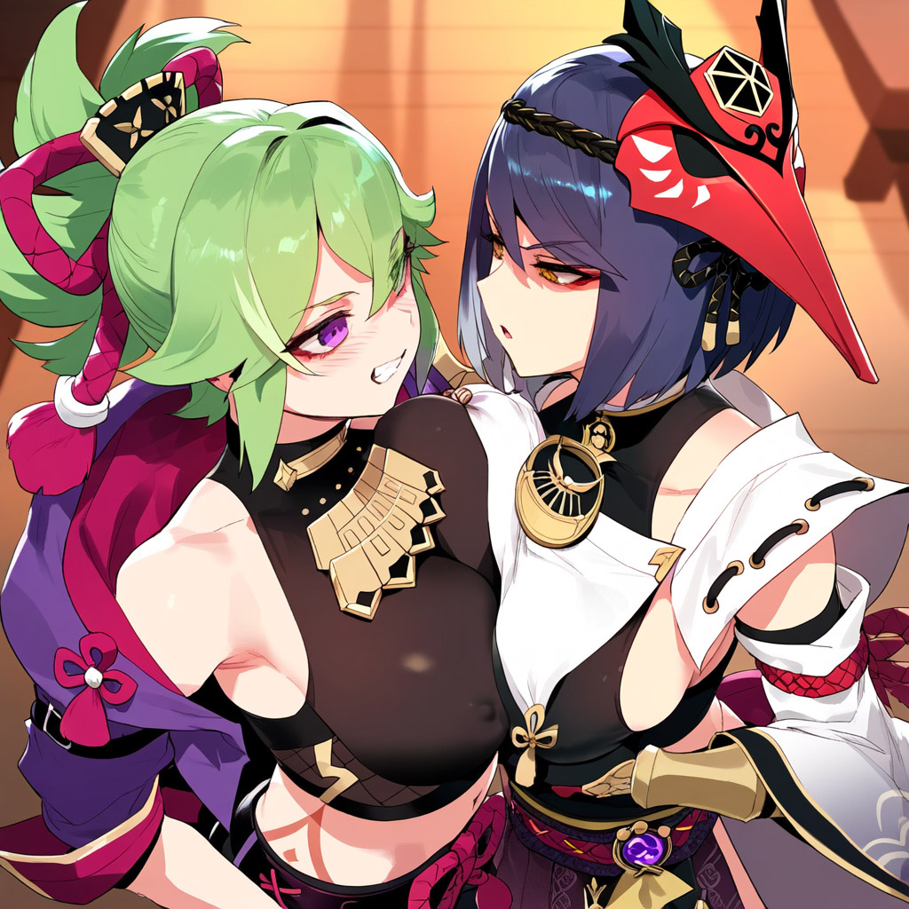 2girls ai_generated bare_shoulders beach blush boob_squish breast_press breasts covered_nipples depressu genshin_impact gloves green_hair grin hair_ornament huge_breasts kujou_sara kuki_shinobu long_hair purple_eyes symmetrical_docking thiccwithaq_(ai_style) yuri