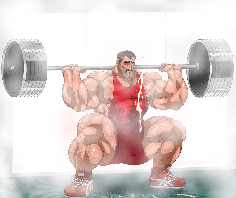 balls bara boner cum cum_through_clothes erection erection_under_clothes facial_hair hitenmaru male male_only moustache muscles muscular musk orgasm penis singlet solo solo_male sweat sweating weightlifting