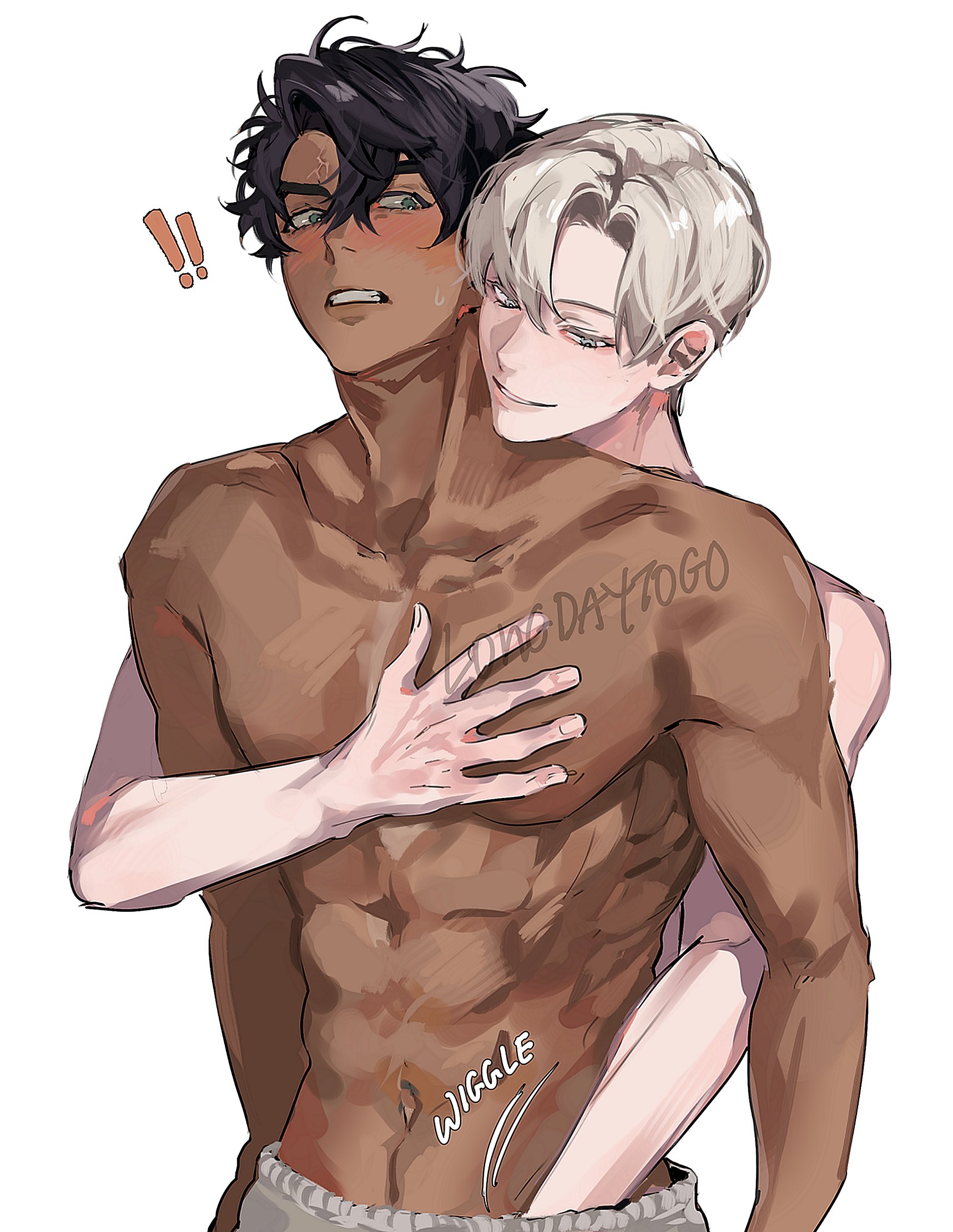 !!, 2boys, abs, annoyed, annoyed expression, artist name, blush, dark skin, dark-skinned male, draco malfoy, gay, gay male, grabbing from behind, gryffindor, harry james potter, harry potter, implied handjob, longdaytogo, male, male only, male/male, reach around, shirtless, shirtless male, slytherin, sweatdrop, white background, yaoi