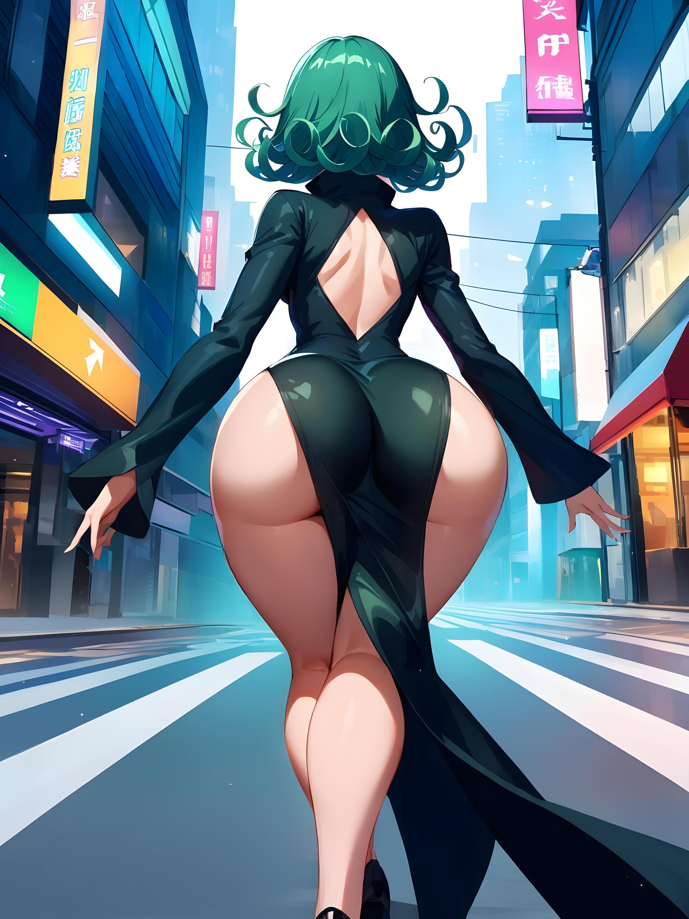 1girls, ai generated, ass, ass cleavage, ass focus, back view, big ass, black clothing, black dress, city, clothed, clothed female, clothing, curly hair, female, female only, fit, fit female, from behind, green hair, hips, huge ass, huge butt, legs, light skin, light-skinned female, long sleeves, one-punch man, outdoors, outside, pale skin, pale-skinned female, short hair, solo, solo female, tatsumaki, thick ass, thighs, tight clothing, walking, white skin, wide hips