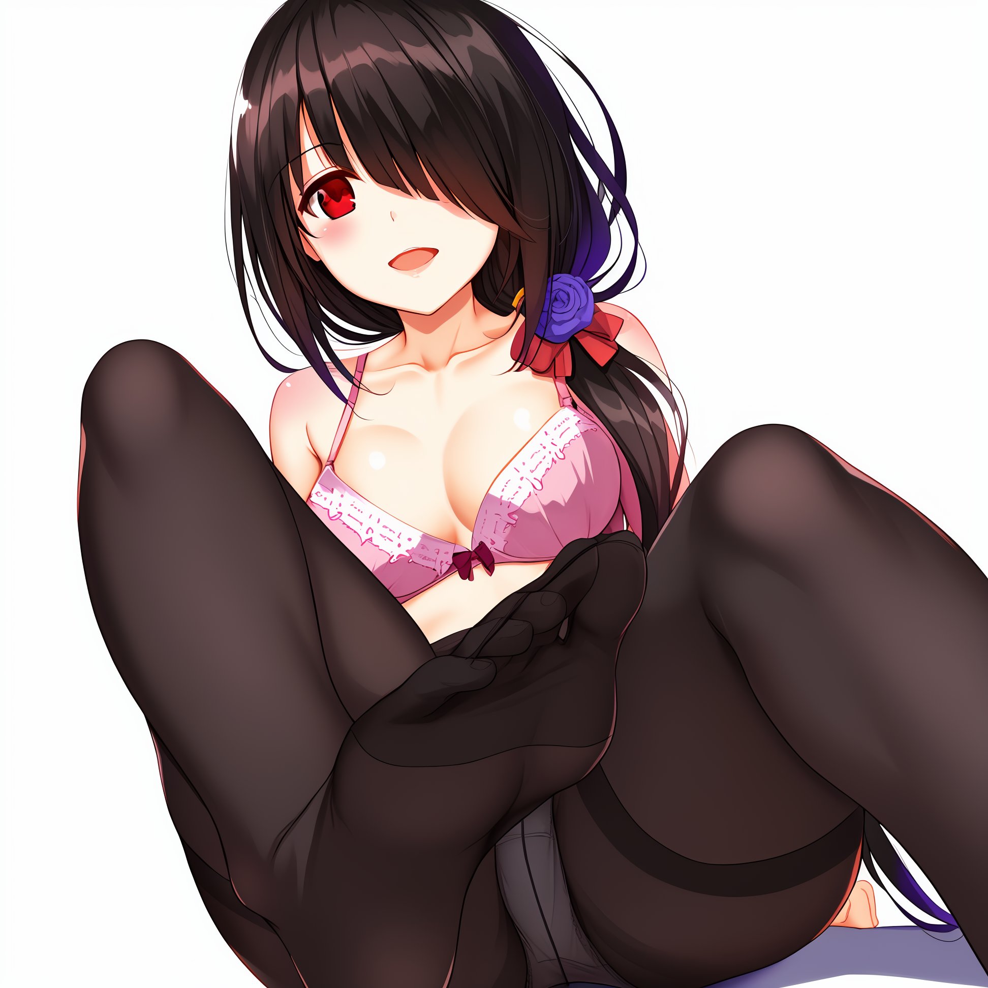black hair, bra, breasts, date a live, feet, female, light skin, light-skinned female, long hair, panties, pantyhose, red eyes, solo, solo female, tokisaki kurumi, transparent clothing, underwear, visible underwear